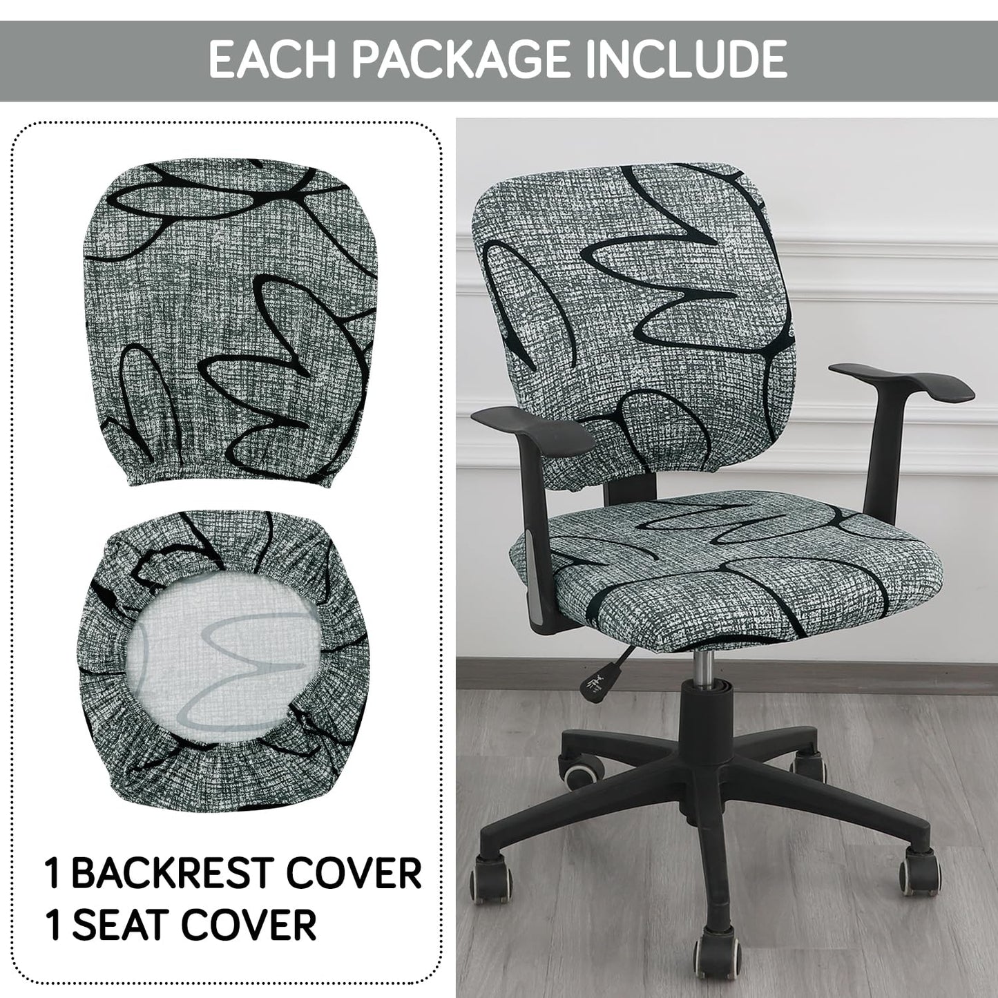 HOKIPO 140gsm Stretchable Office Chair Cover, Intense Grey Abstract Floral