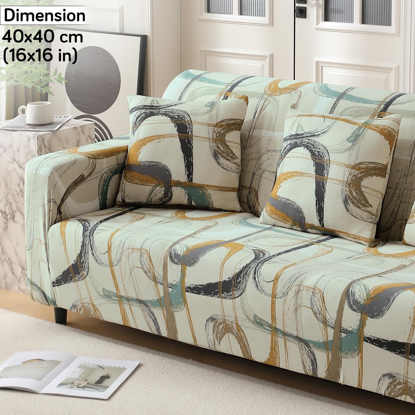 Waterproof & Quick-Dry Quilted Sofa Cover with Pockets on Armrest, Parchement Beige Abstract Art
