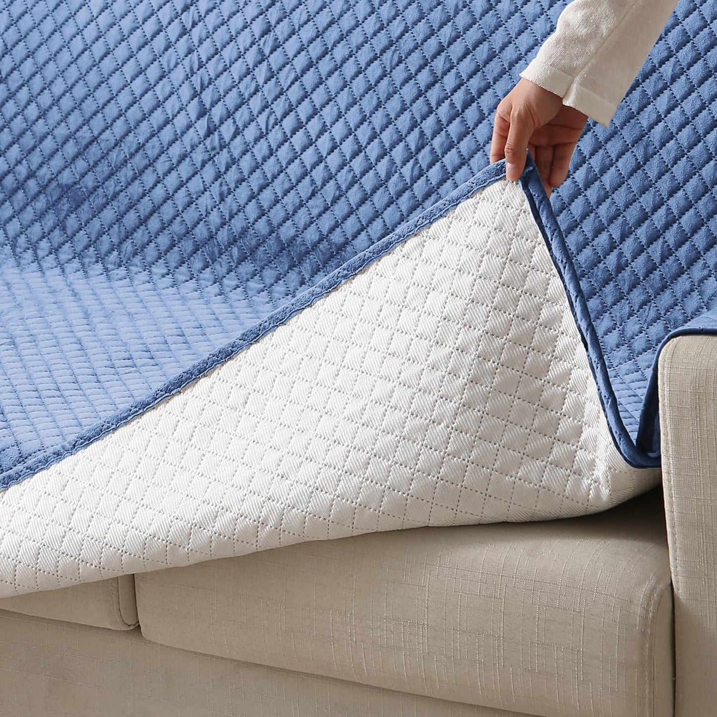 Quilted Velvet Sofa Cover Mat with Side Pockets, Pet Friendly, Placid Blue