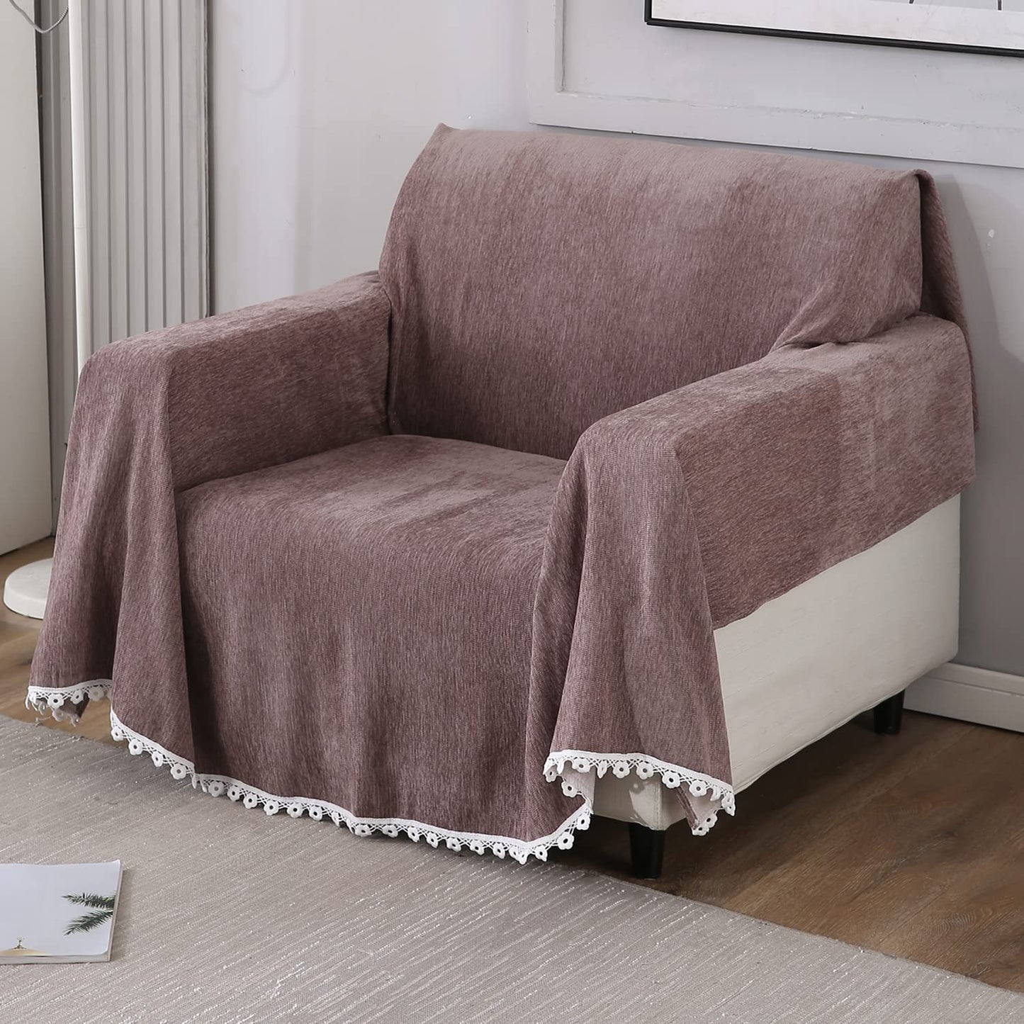 1 Seater elegant Brown colour chenille sofa throw of size 180(D)x180(L)