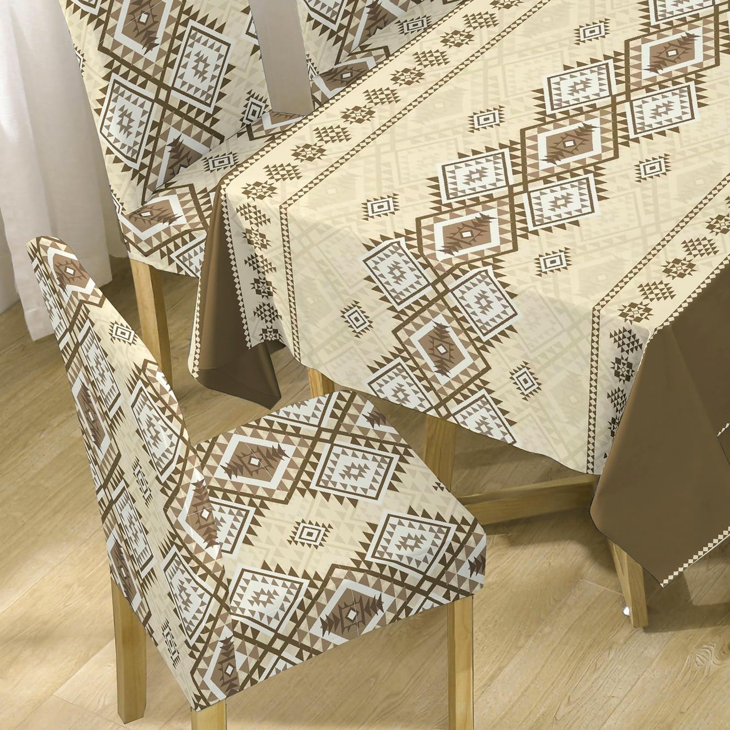 Moss Brown Printed Dining Table Cover with Chair Covers | 4/6 Seater