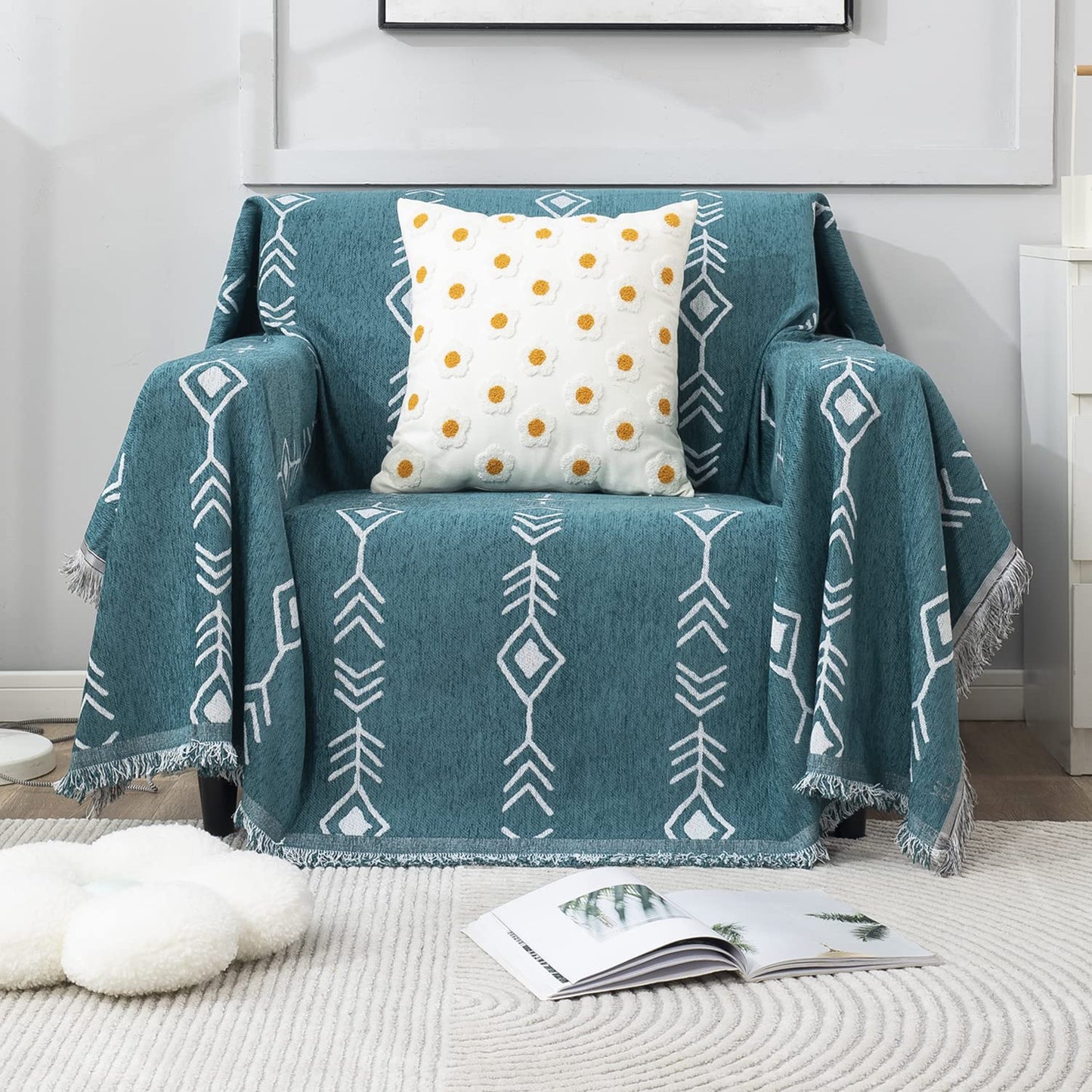 Thick, Soft and Pet Friendly Chenille Sofa Cover Throw, Teal Aztec