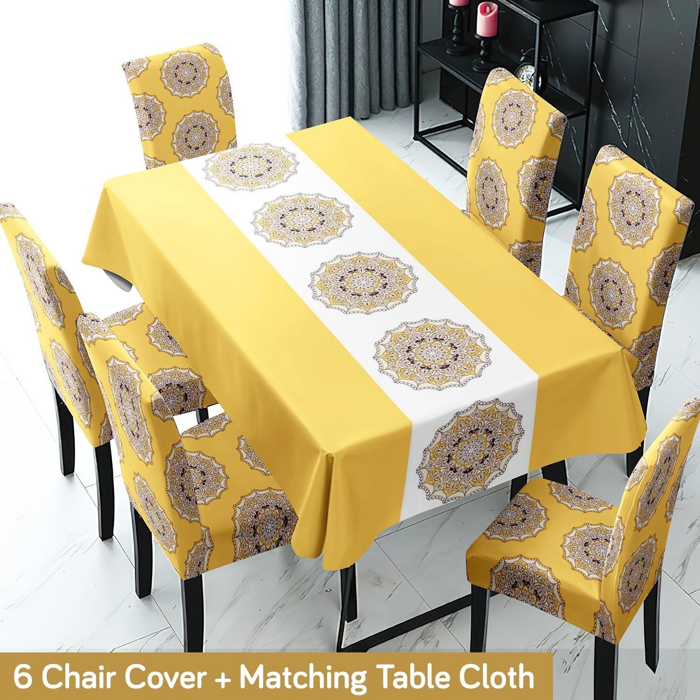 Yellow Printed Dining Table Cover with Chair Covers | 4/6 Seater