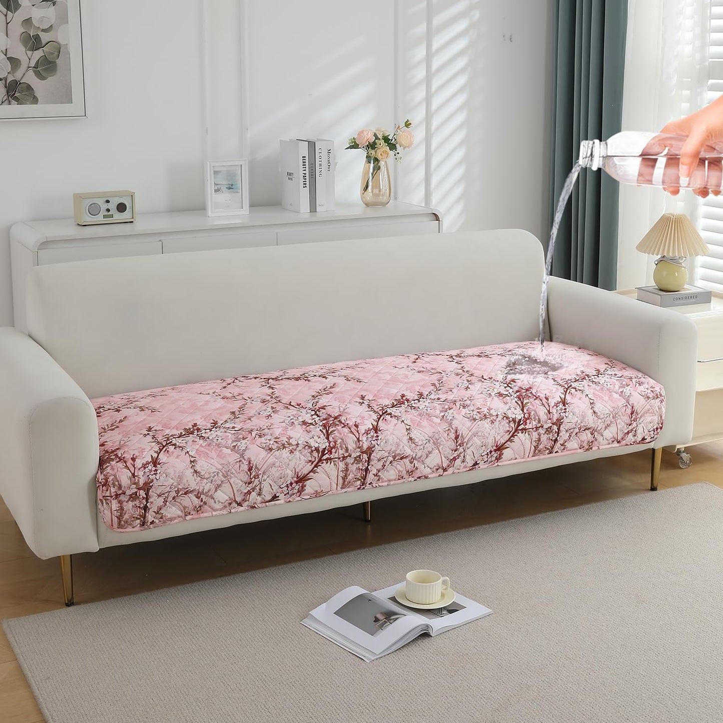 Quilted, Waterproof and Anti-Slip Sofa Cover Mat, Blossom Flower Pink