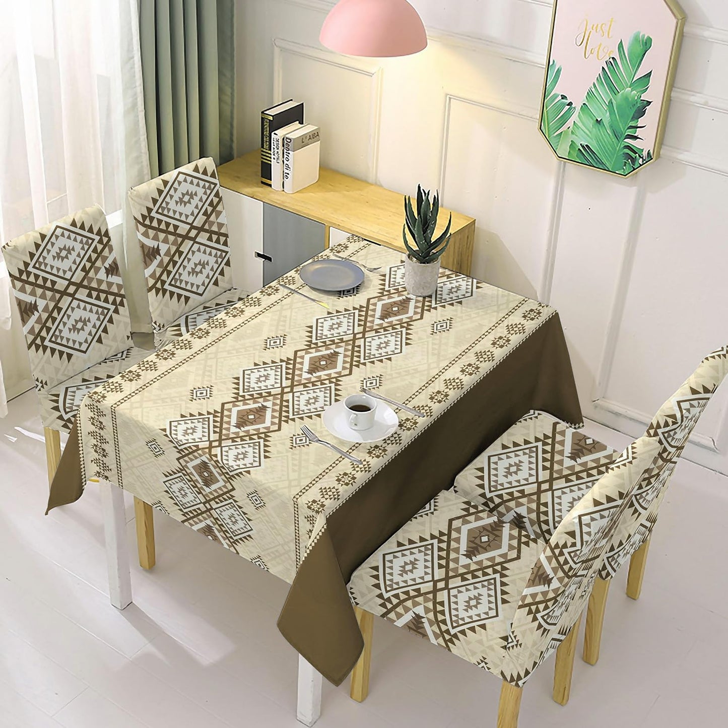 Moss Brown Printed Dining Table Cover with Chair Covers | 4/6 Seater
