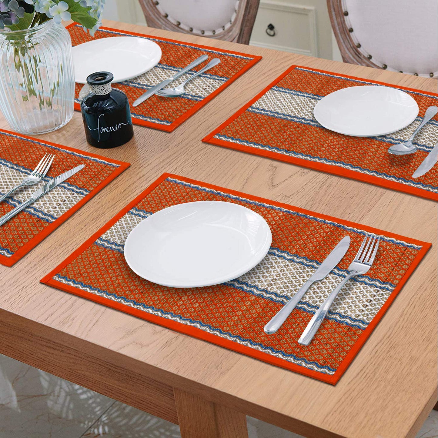 Handmade Madurkathi River Grass Dining Table Mats, Orange