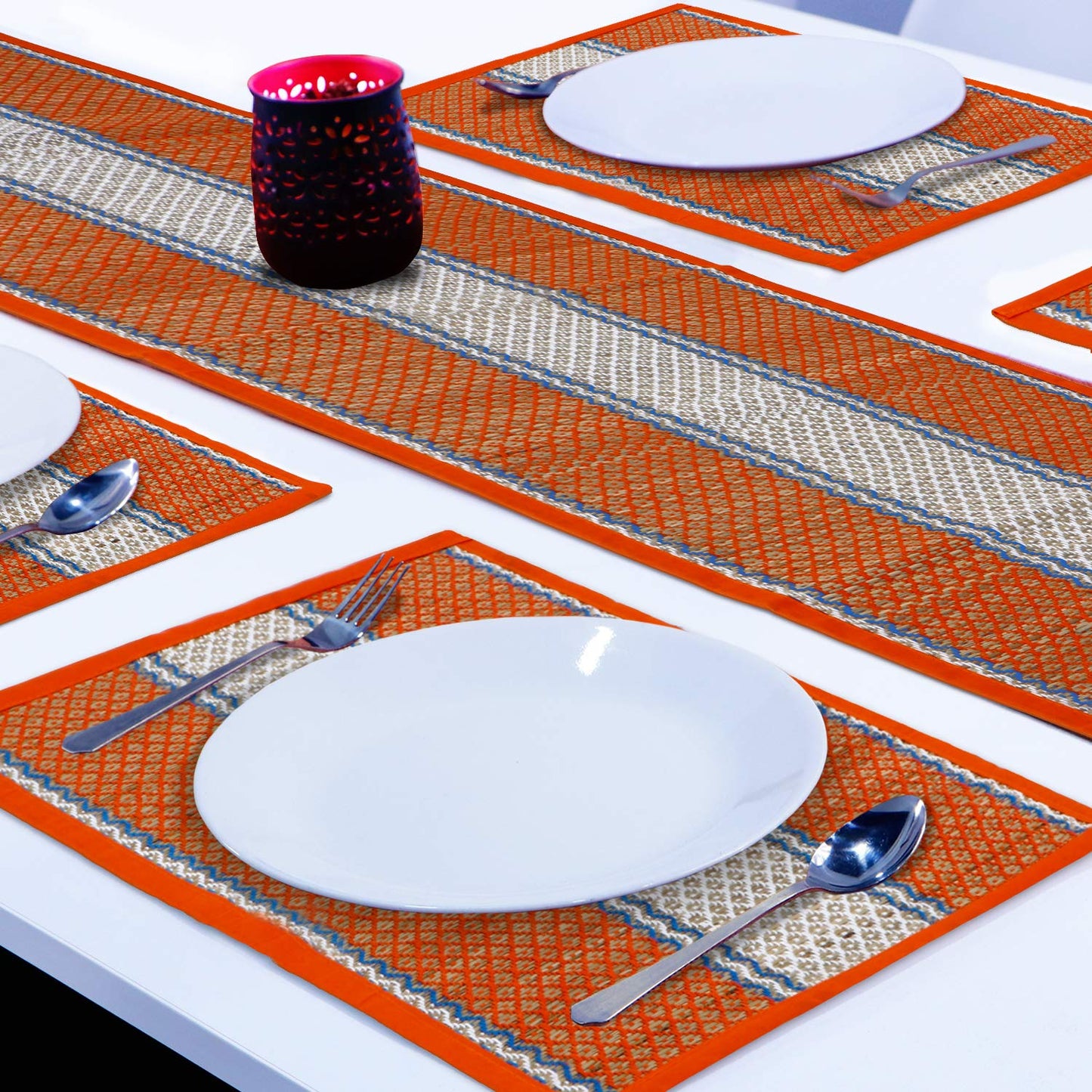 Handmade Madurkathi River Grass Dining Table Mats, Orange