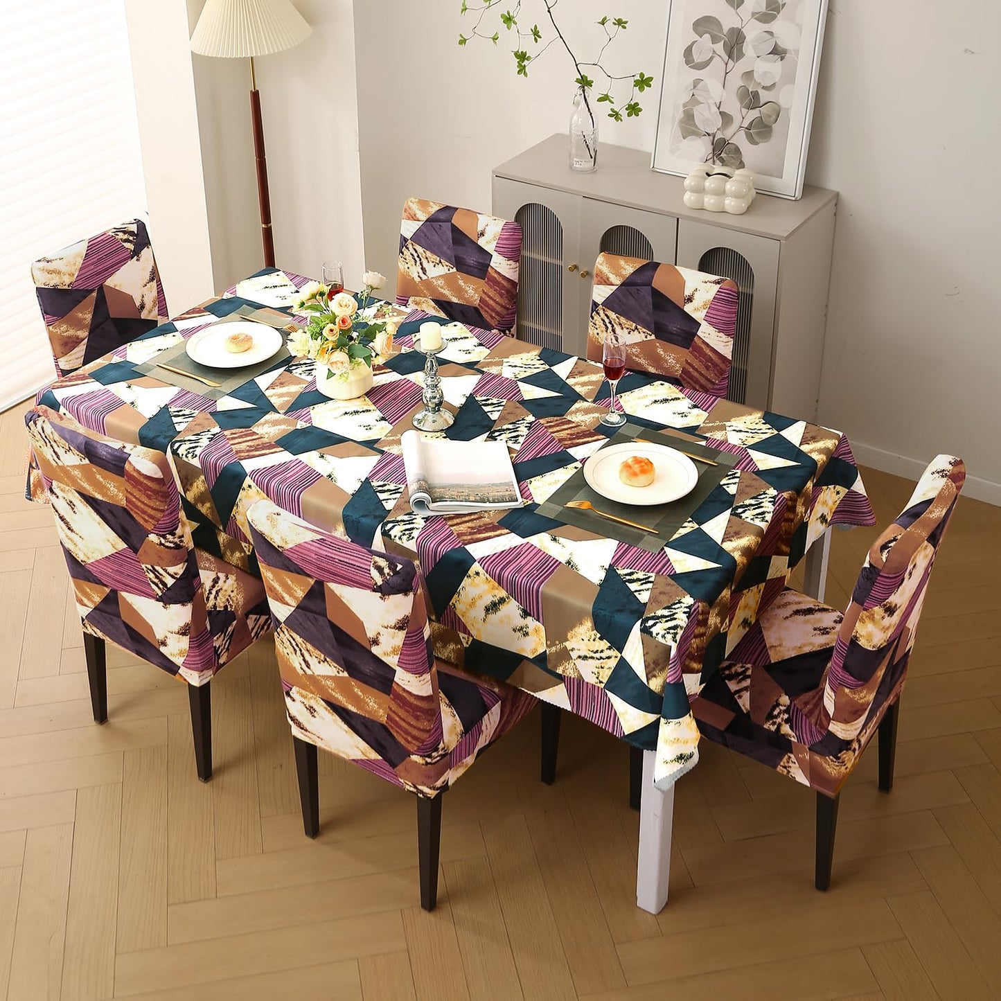 HOKIPO Elastic Dining Chair Covers with Matching Tablecloth, Wine Abstract Geometry