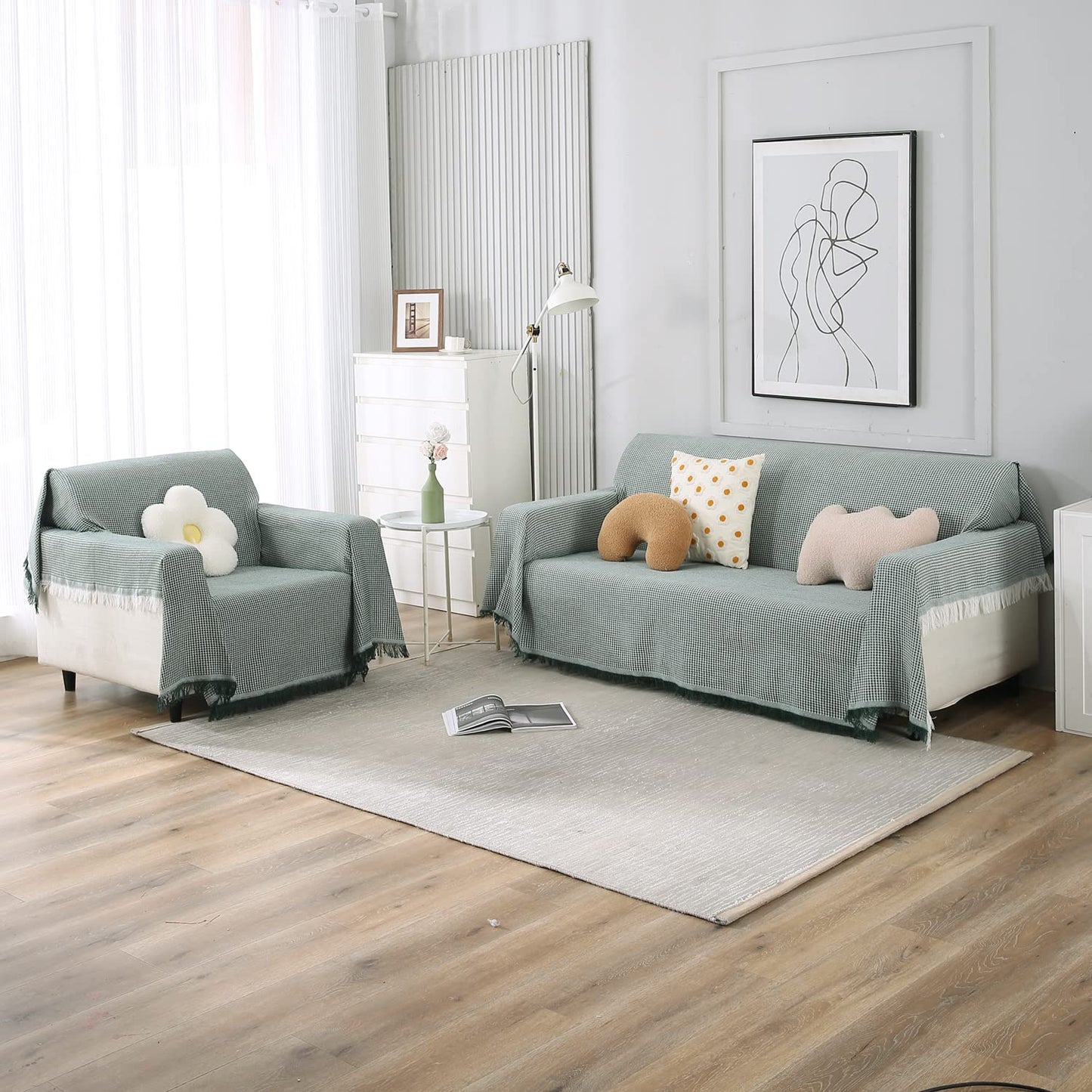 3+1 seater Bottle Green colour polycotton sofa throw set