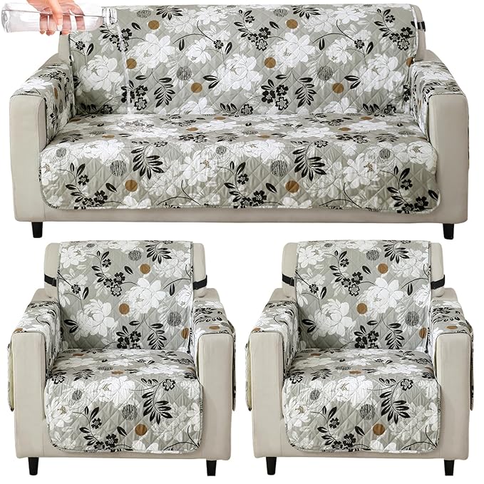 Waterproof & Quick-Dry Quilted Seater Sofa Cover with Pockets on Armrest, Feather Brown Floral