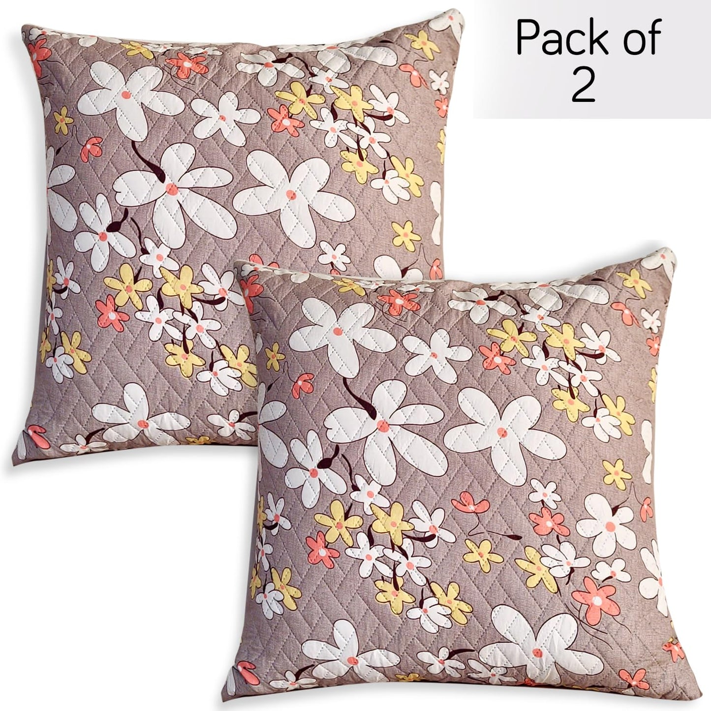 Printed Quilted Sofa Cushion Cover Pack of 2, Pastel Brown Sandwort Flower