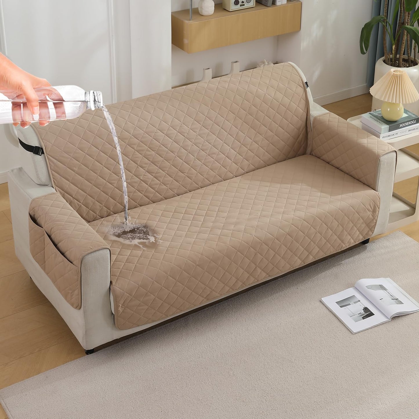 Beige colour 2 seater quilted waterproof sofa mat | Hokipo