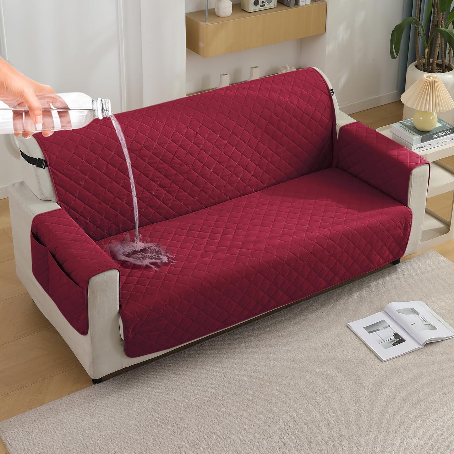 Quilted Waterproof Sofa Cover Mat with Pockets on Armrest Cover - Maroon