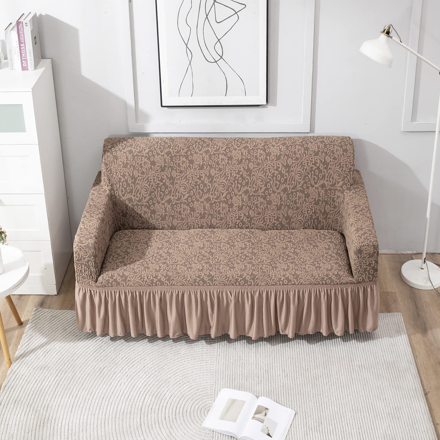 Light Taupe two seater designer woven jacquard elastic frill sofa cover
