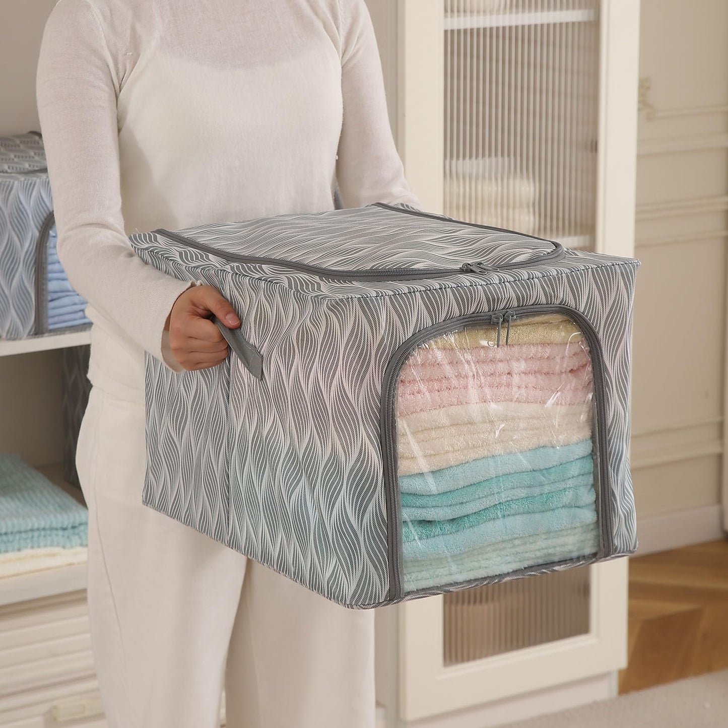 Sturdy, Stackable and Moisture Resistant Non-Woven Cloth Organiser for Storage, Grey Leaves