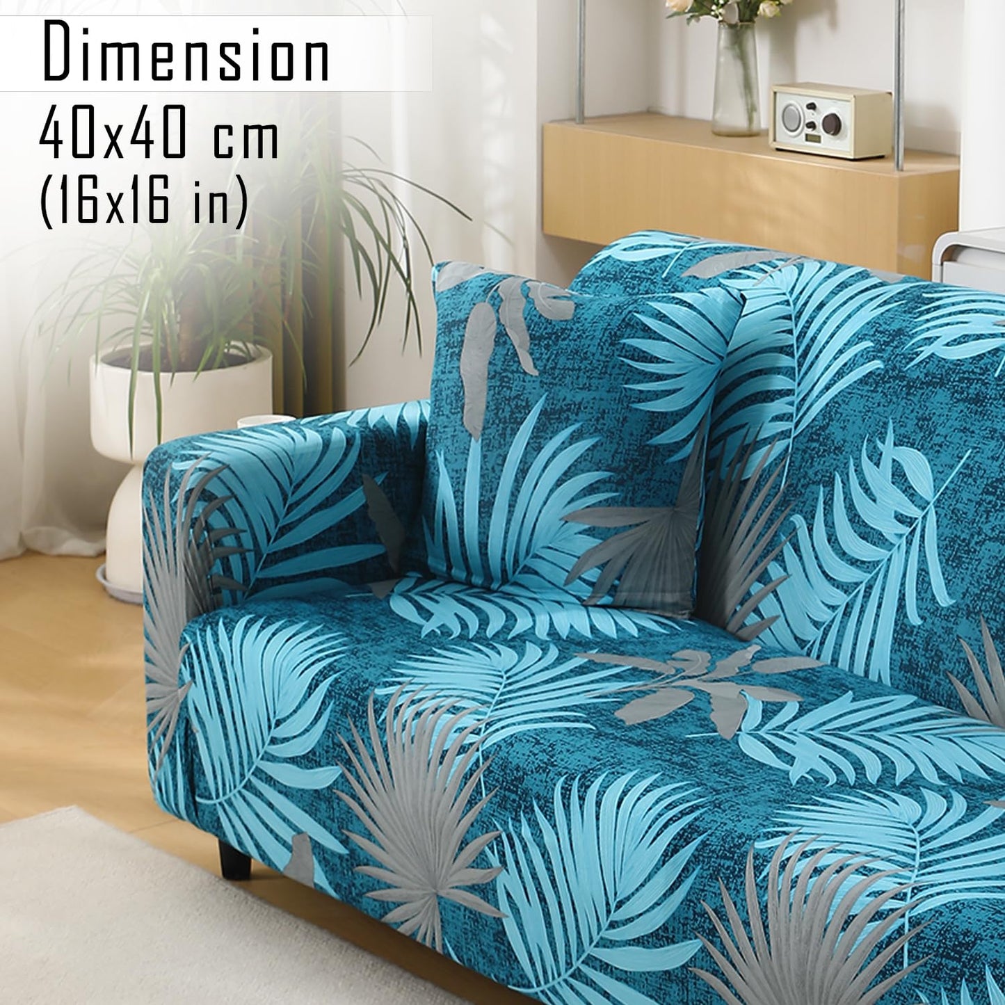 Stretchable Pack of 2 Cushion Cover 16x16, Sea Blue Tropical Leaves