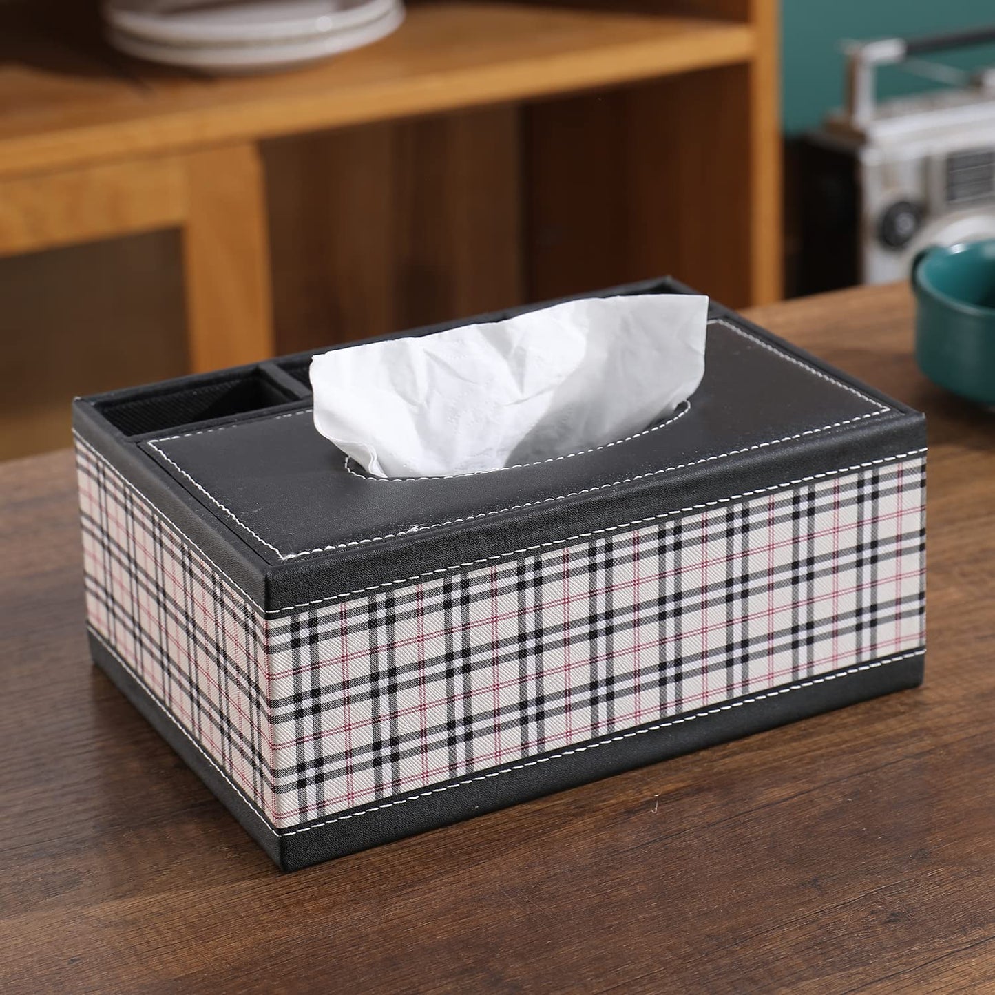 Faux Leather Tissue Storage Box with Compartment Remote Control Holder Desk Organizer