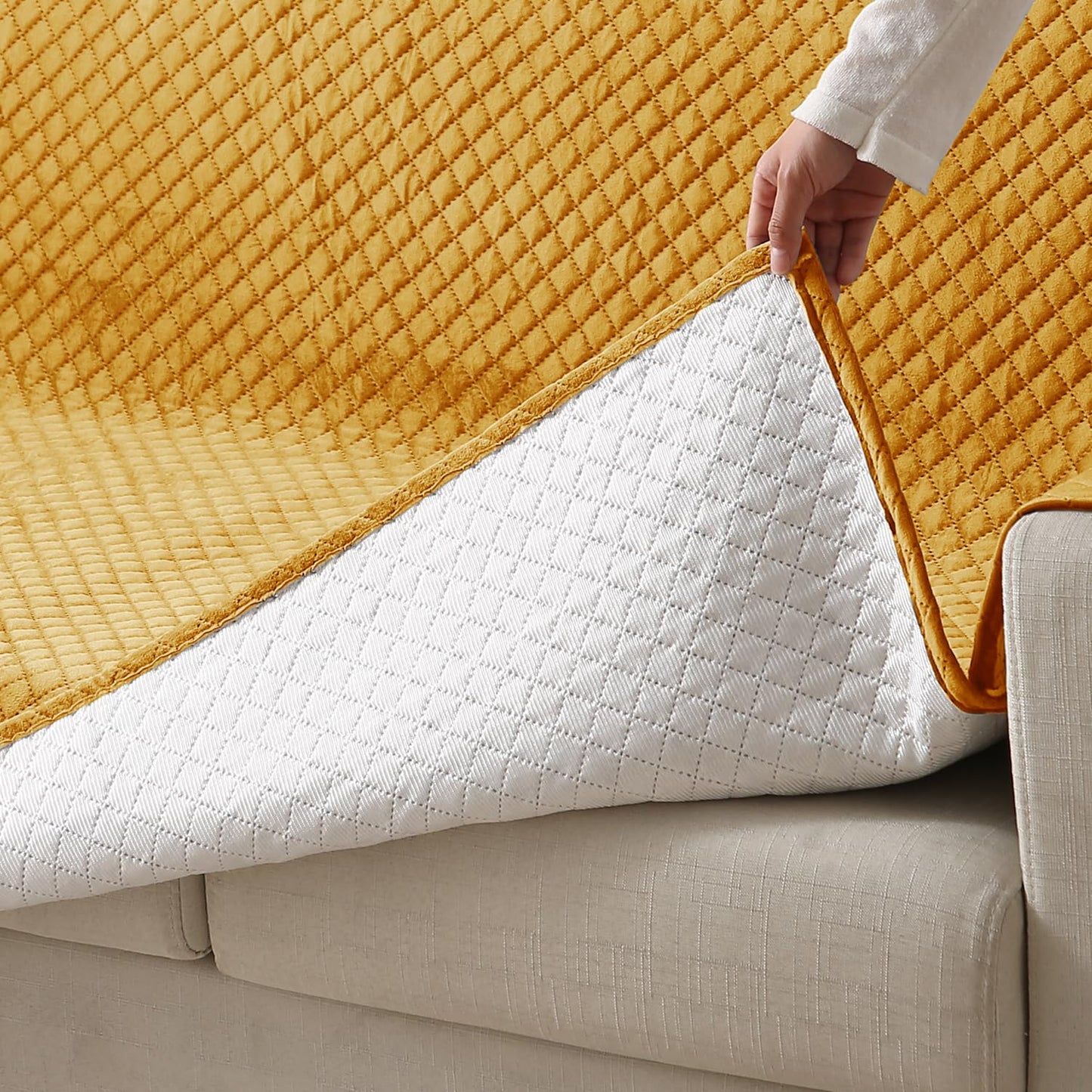 Quilted Velvet Sofa Cover Mat with Side Pockets, Pet Friendly, Mustard Yellow