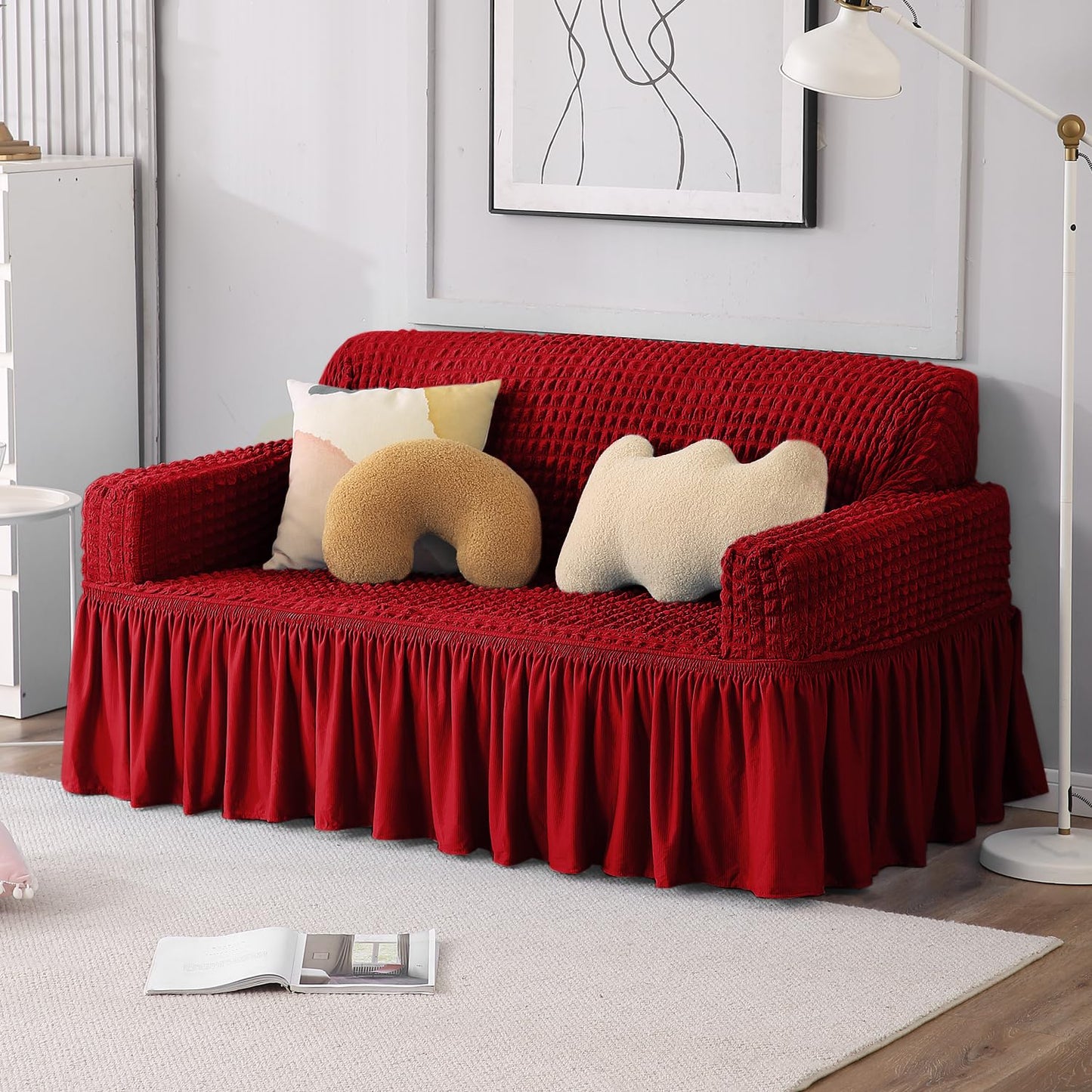 Scarlet Red Elastic Turkish Bubble Frill 2 seater premium sofa cover