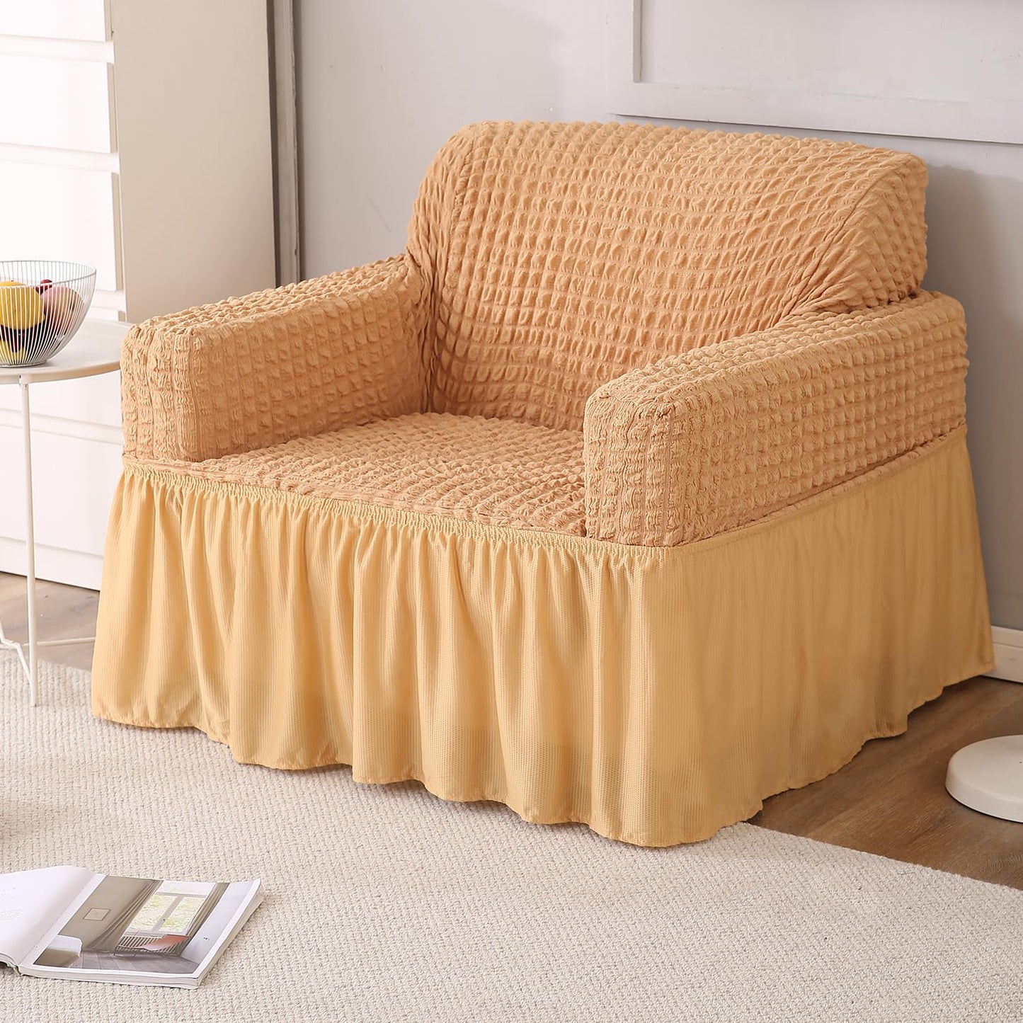 Light Brown Stretchable Turkish Bubble Frill 1 seater sofa cover