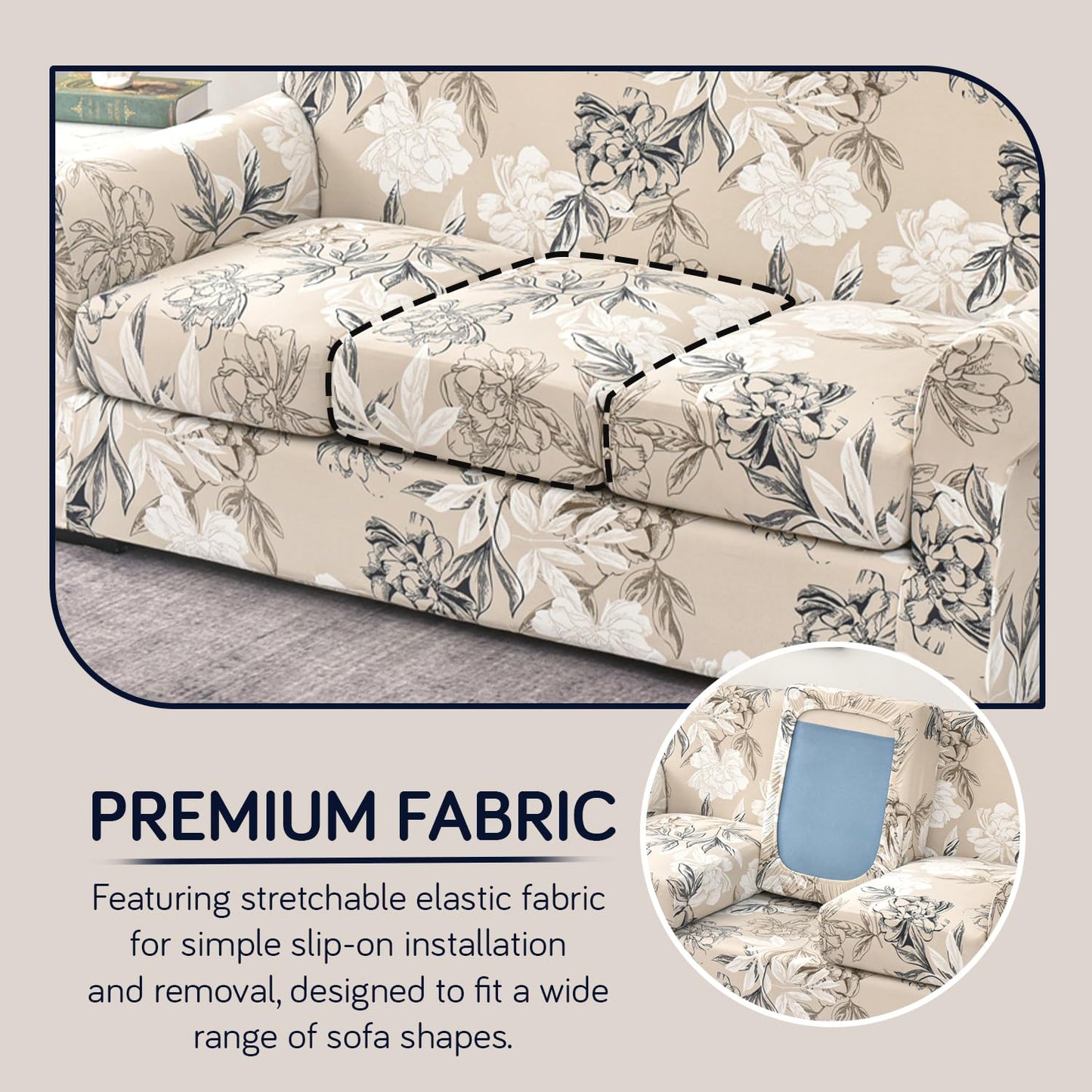 Printed Stretchable Sofa Slipcover with 1/2/3 Pc Separate Seat Cushion Cover for each 1/2/3 Seater, Beige Vintage Peony
