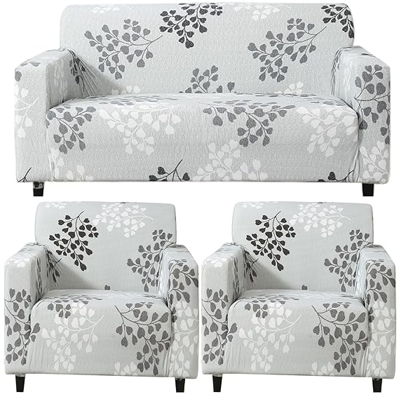 Elastic Stretchable Printed Sofa Cover, Grey Leaves