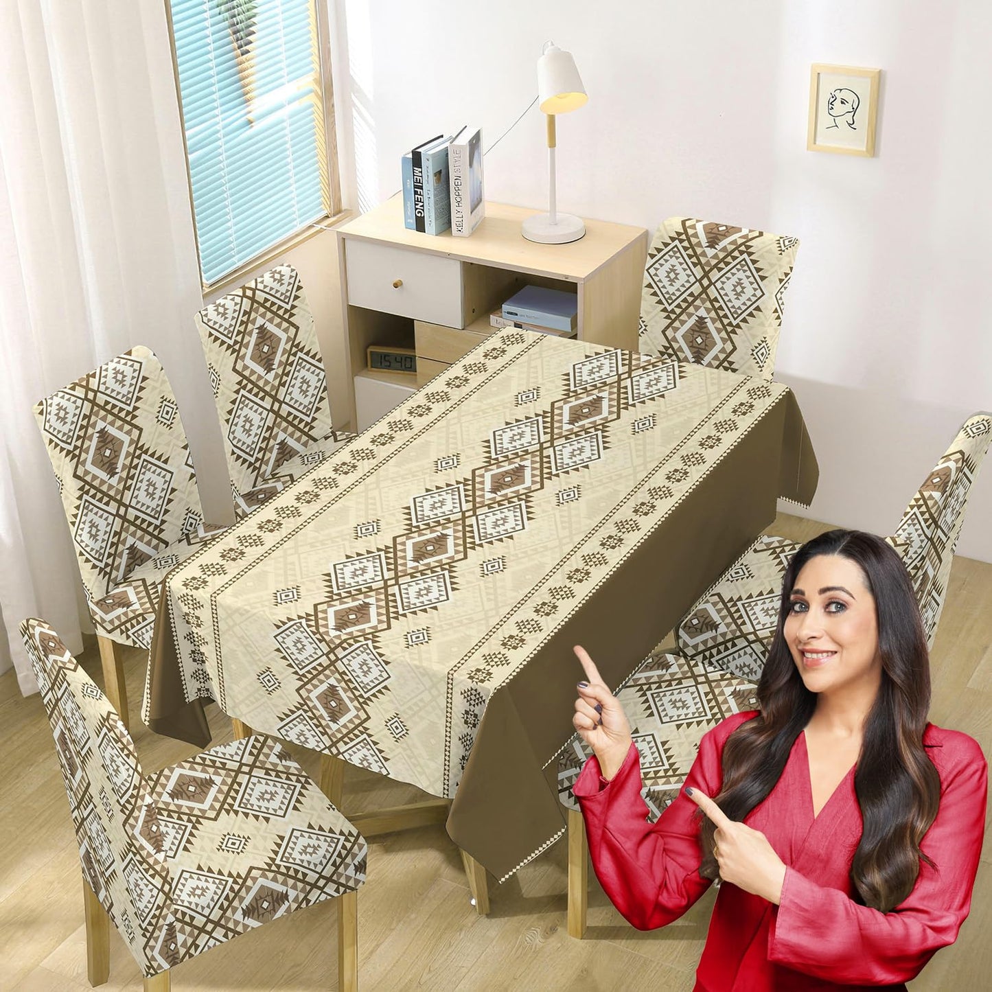 Moss Brown Printed Dining Table Cover with Chair Covers | 4/6 Seater