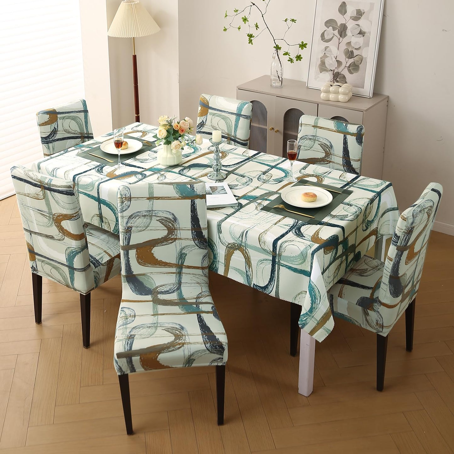 Elastic Dining Chair Covers with Matching Tablecloth, Parchement Beige Abstract Art