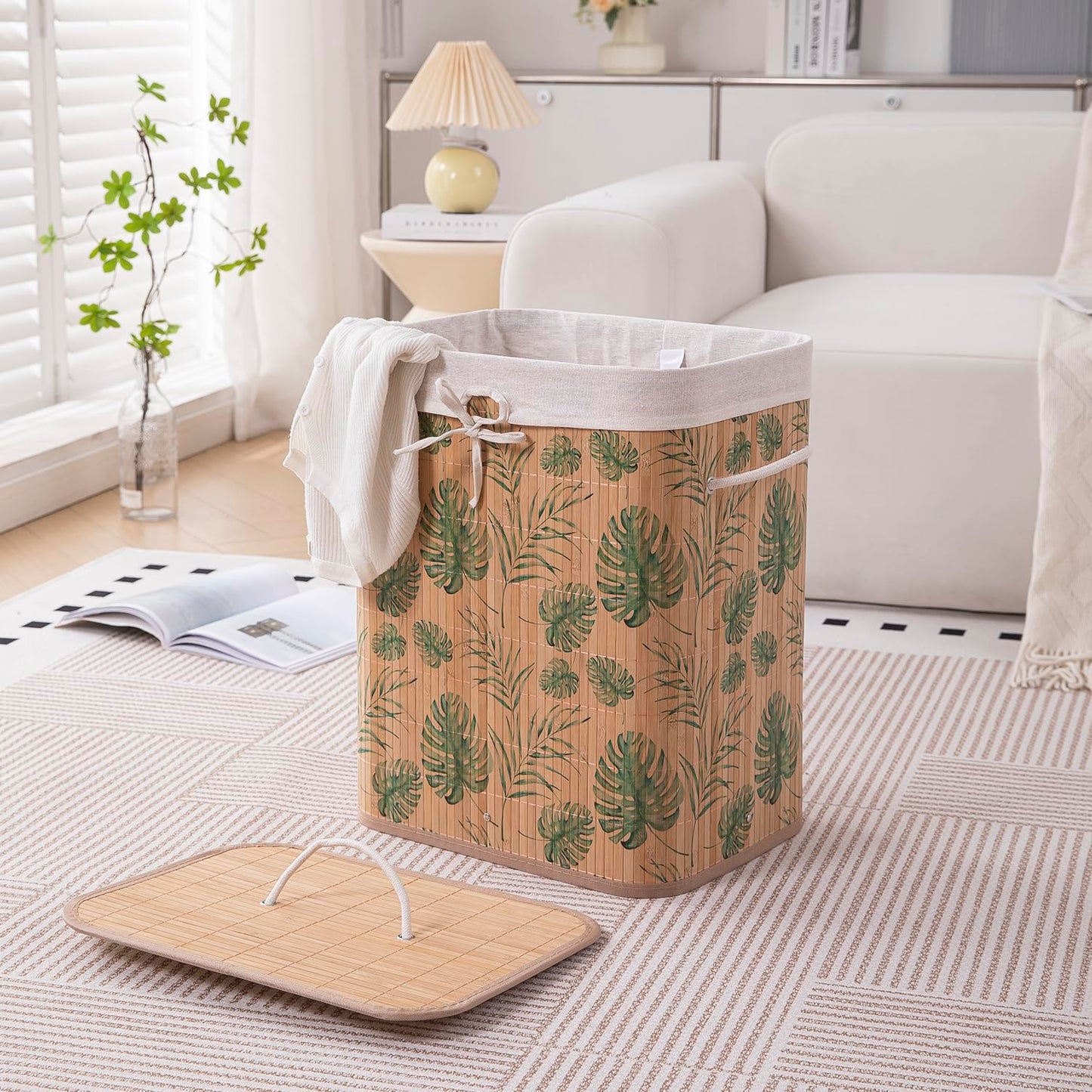 Eco-Friendly Foldable Bamboo Laundry Basket Hamper with Lid, Large - 60 Liter, Tropical Leaves