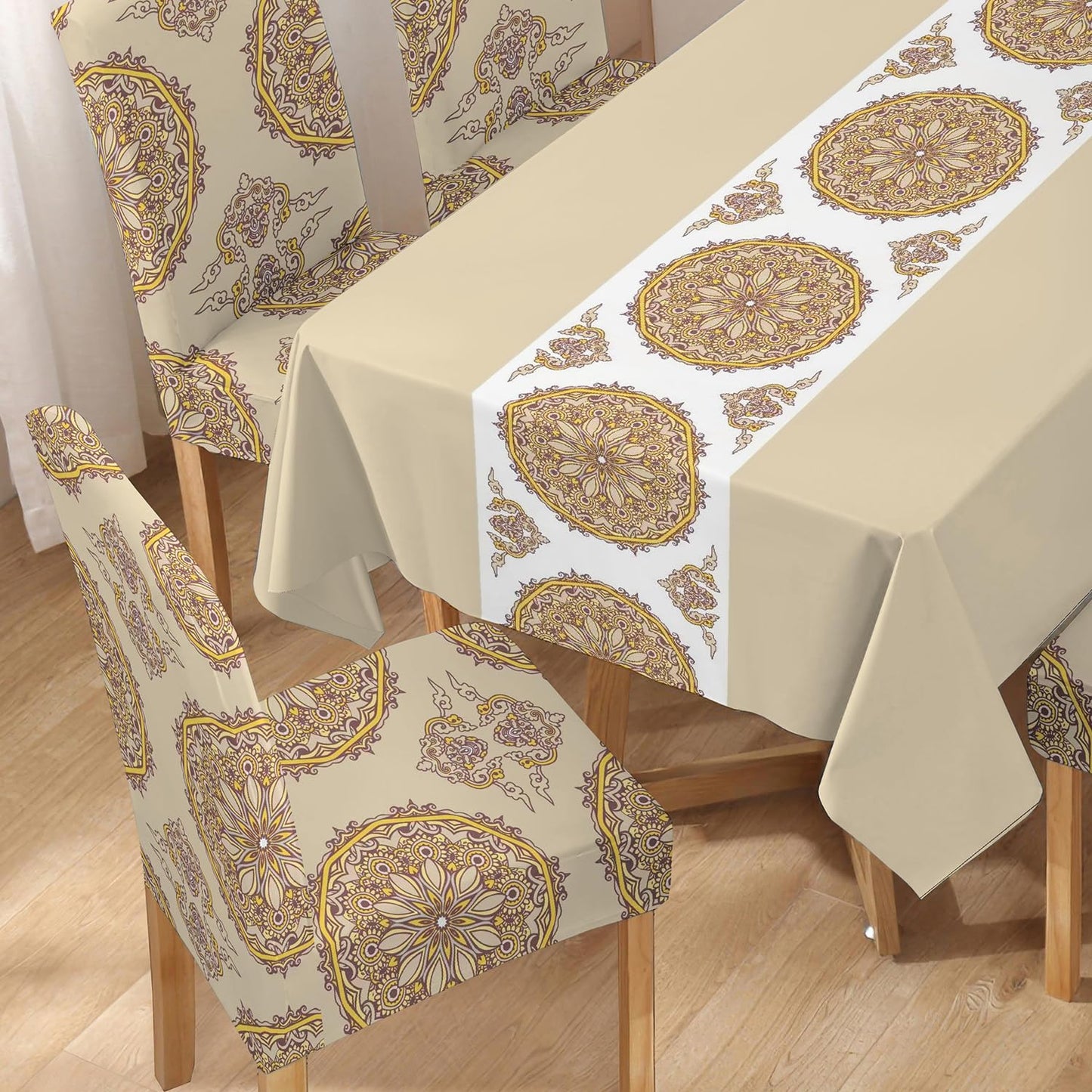 Polyester Dining Chair Covers Set of 4/6 with Matching Tablecloth, Mandala Sand Brown