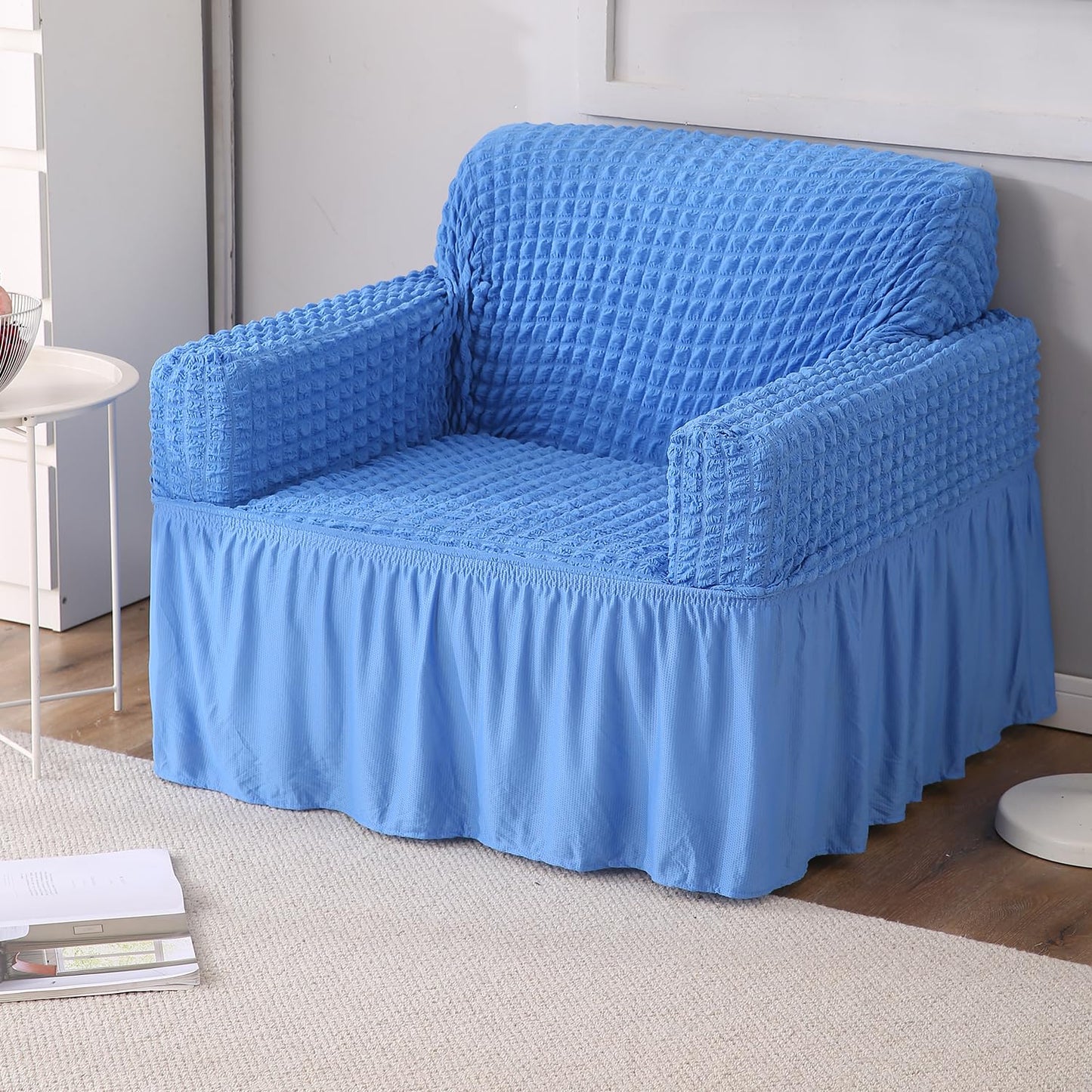 Sky Blue Single seater Elastic Turkish Bubble Frill sofa cover set
