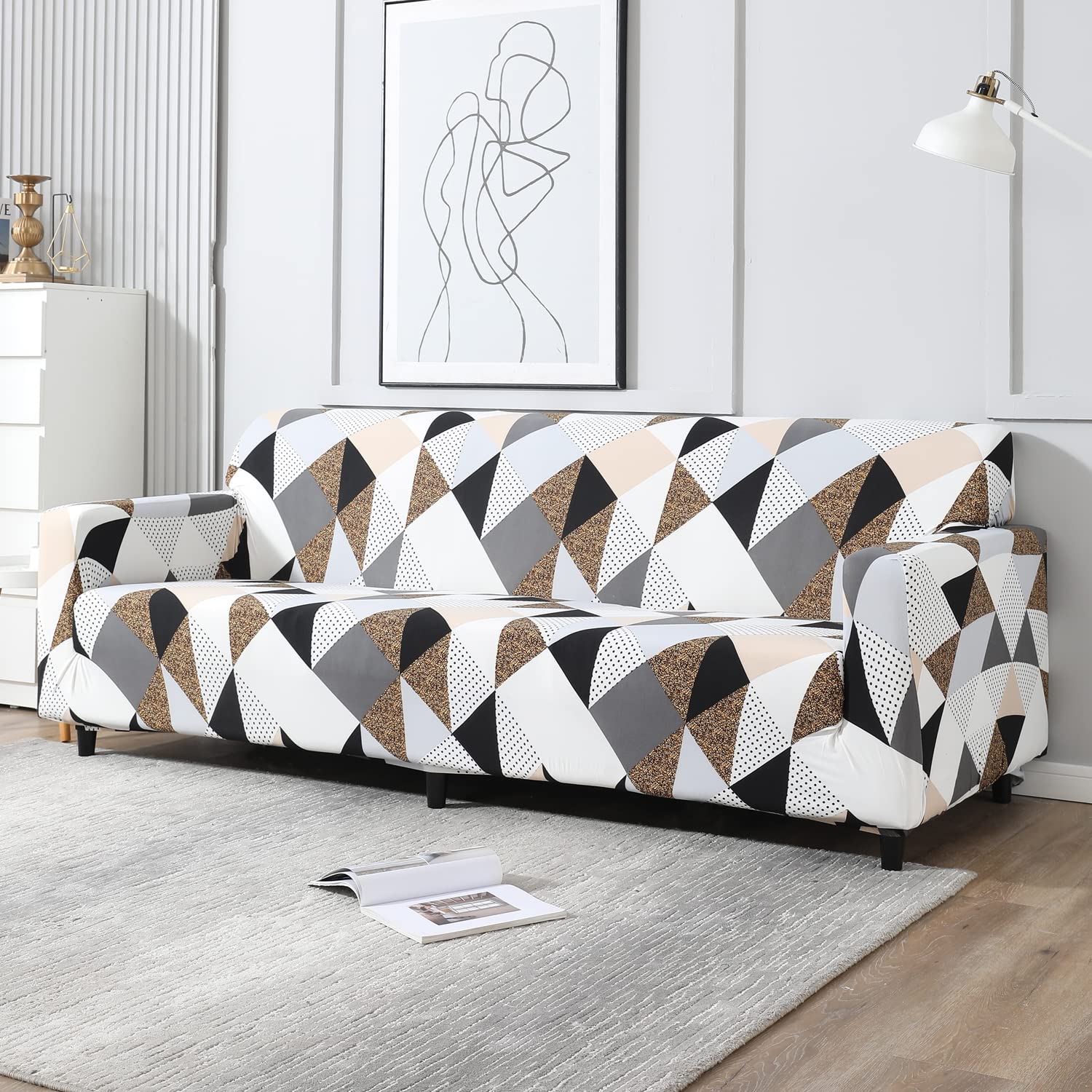 Grey Brown Geometric non slip elastic 3 seater sofa cover