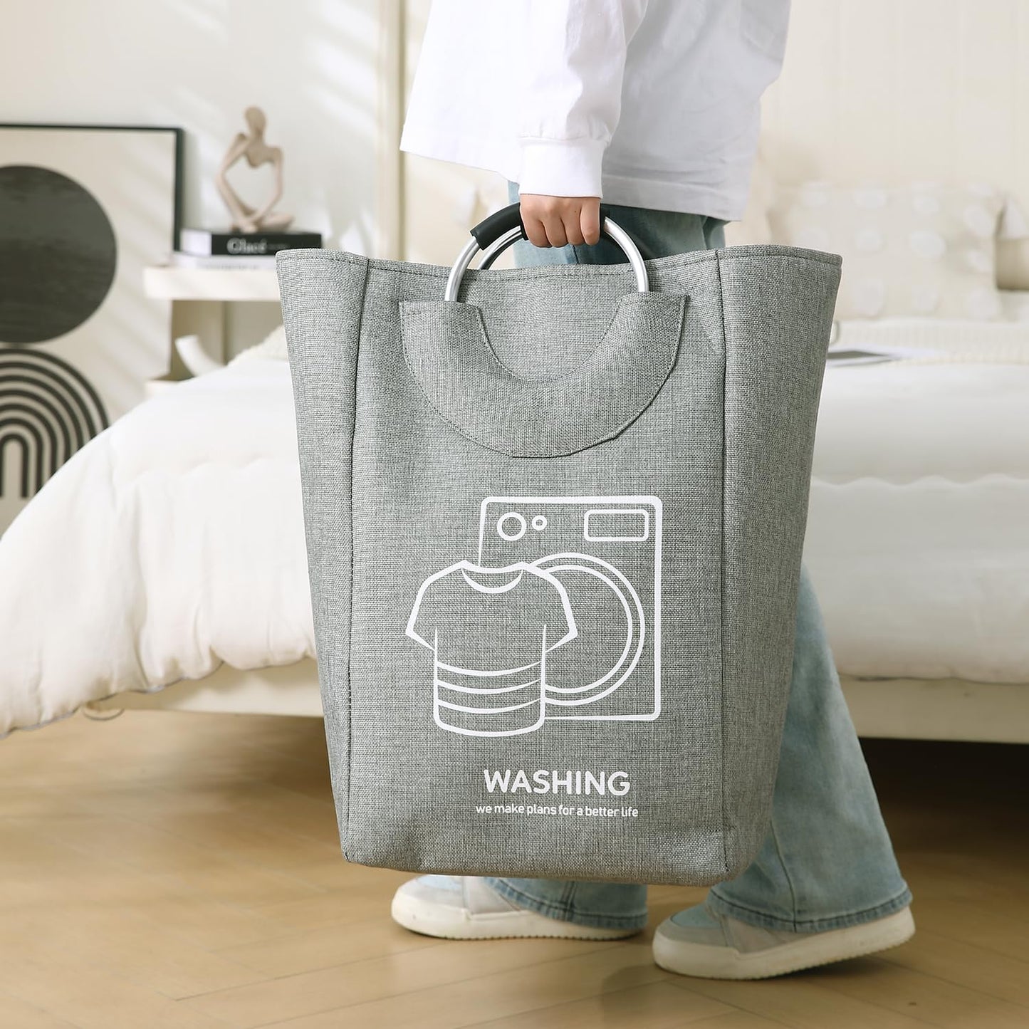 Folding Laundry Bag for Clothes Hamper Basket Collapsible Storage Basket, 30 x 27 x 55 cm Grey