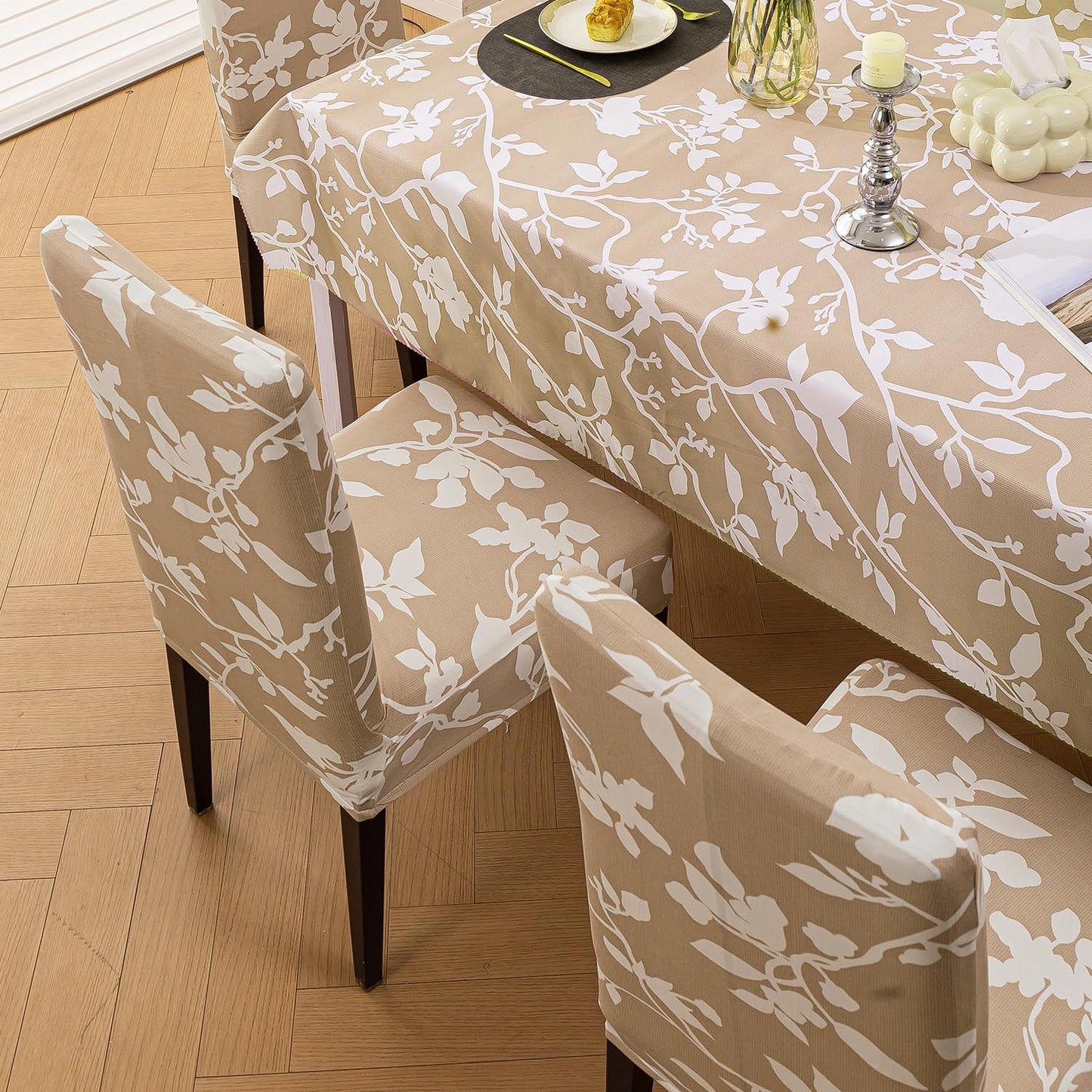 Elastic Dining Chair Covers with Matching Tablecloth, Buff Brown Sillehoute Floral