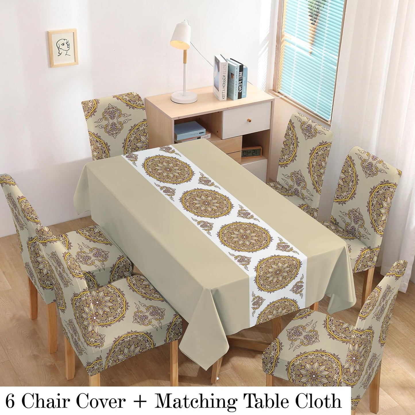 Polyester Dining Chair Covers Set of 4/6 with Matching Tablecloth, Mandala Sand Brown