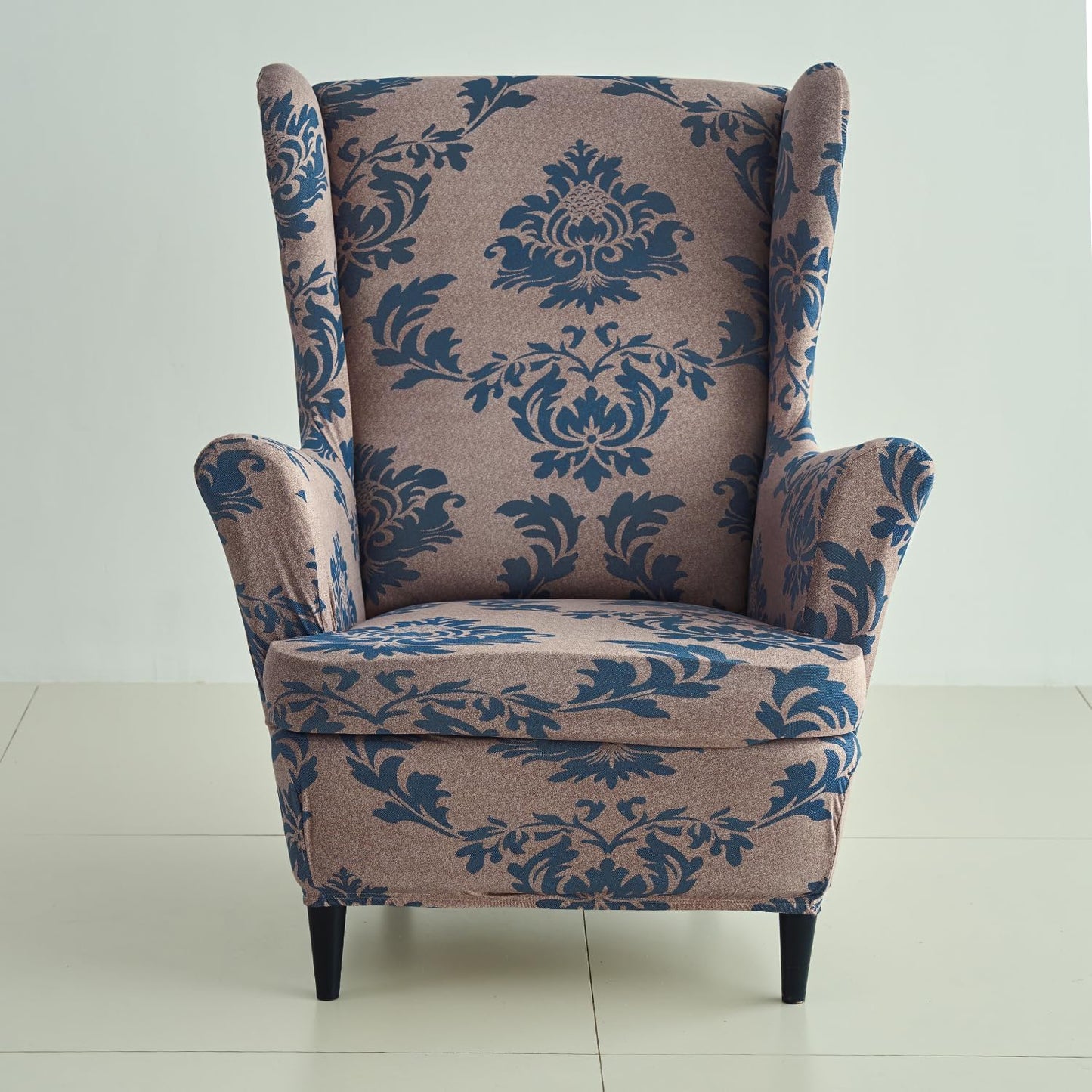 Light Coffee Lotus Damask Polyester Elastic Wing Chair Cover