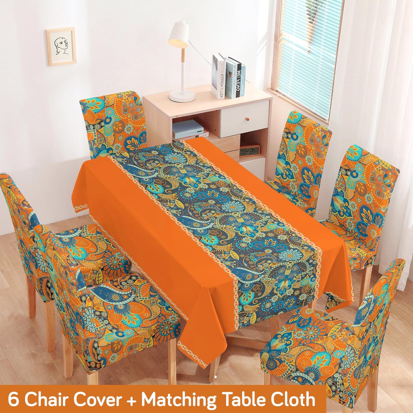 Orange Printed Dining Set Cover | 4/6 Seater