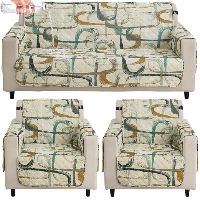Waterproof & Quick-Dry Quilted Sofa Cover with Pockets on Armrest, Parchement Beige Abstract Art