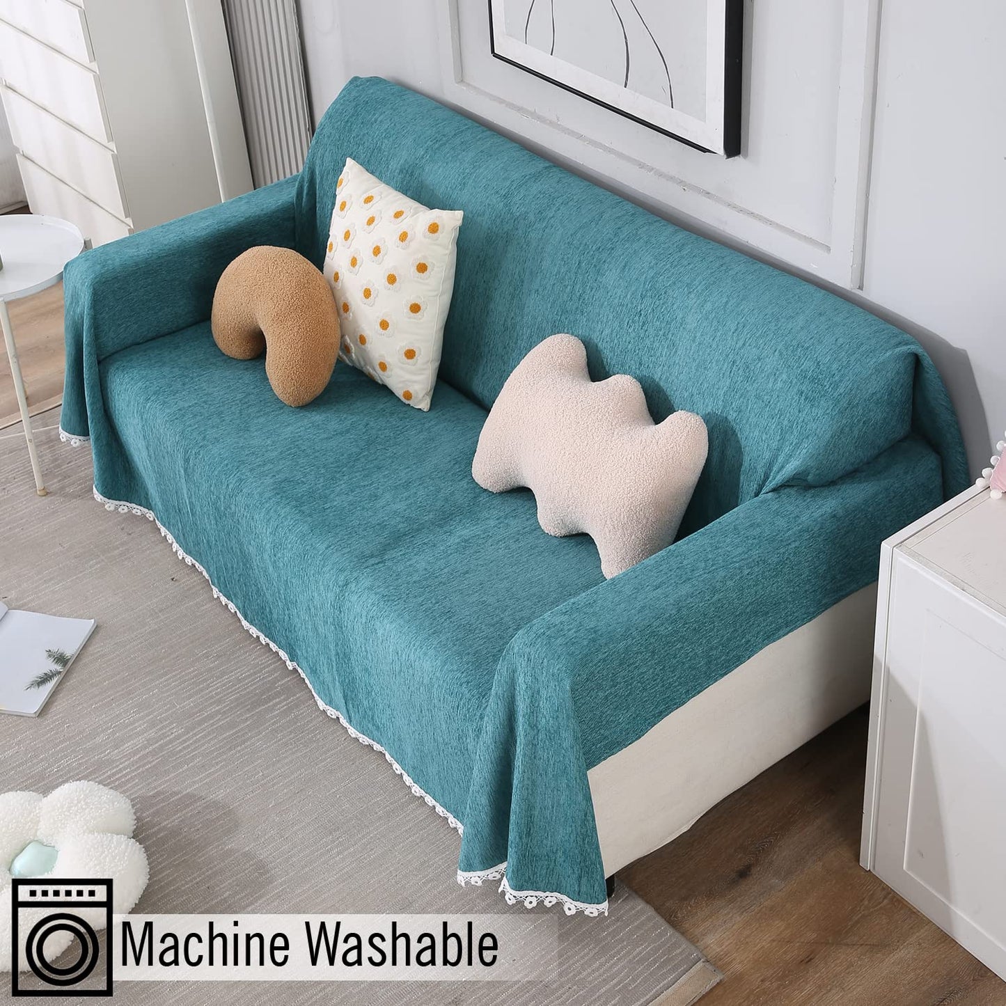 Blue colour chenille 3 seater sofa throw of size 180(D)x300(L)