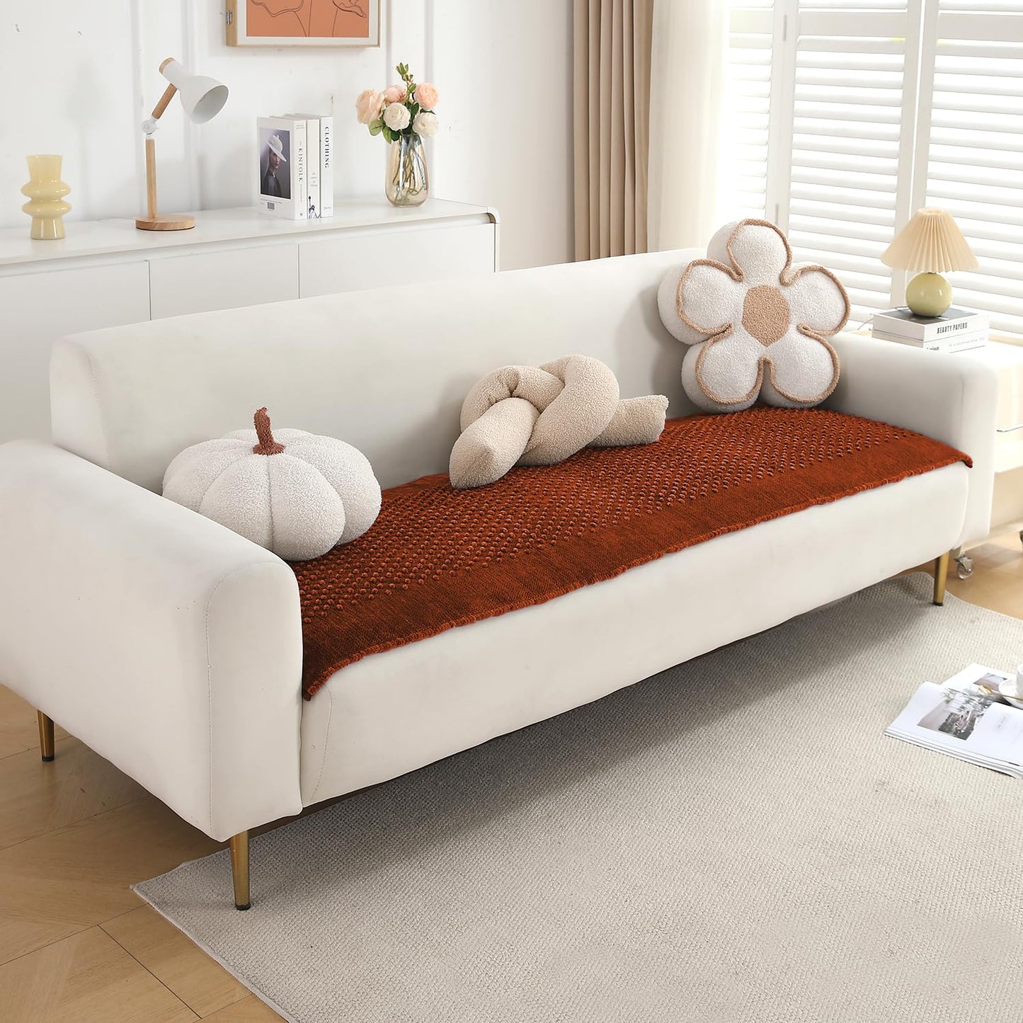 Handloom Made Thick Poly Velvet Reversible Sofa Mat for 1/2/3 Seater, Rust Brown
