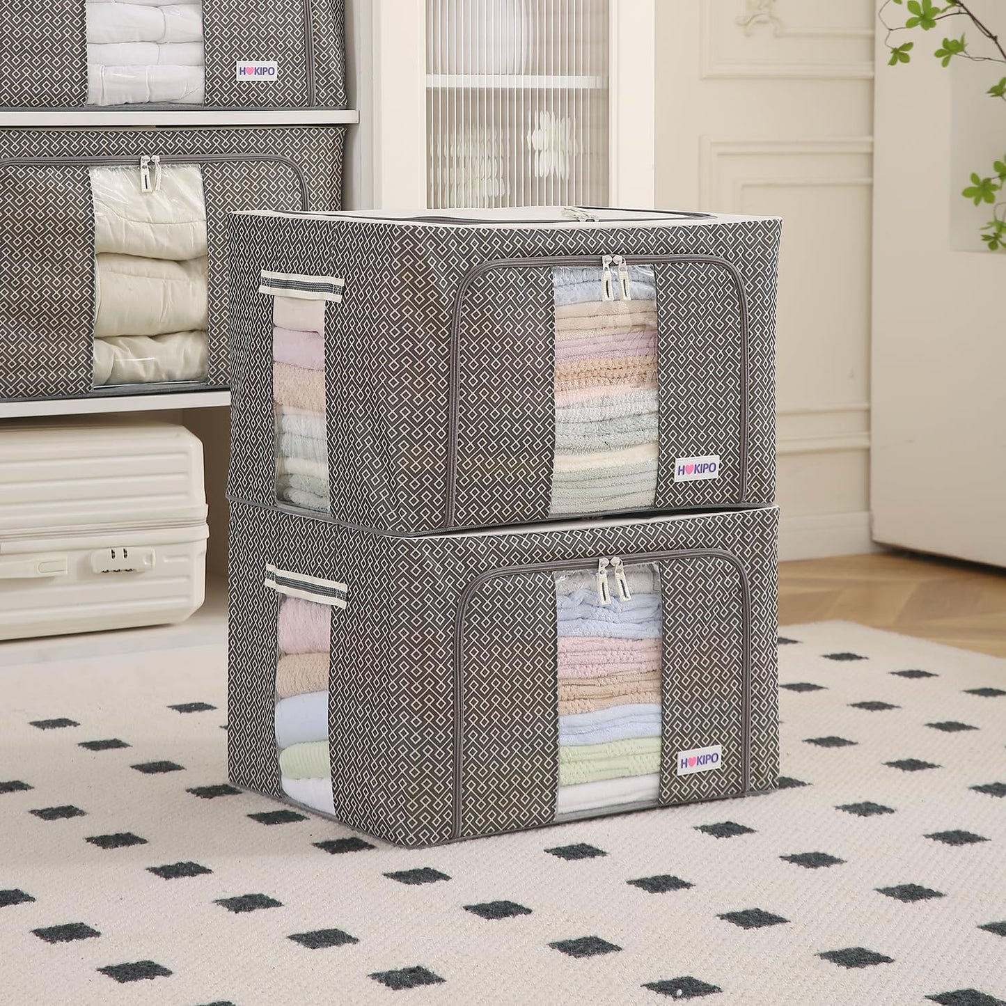 Wardrobe Organizer Storage Box | Foldable Cloth Storage Boxes with Metal Frame & Window | 600D Oxford Fabric, Charcoal Grey