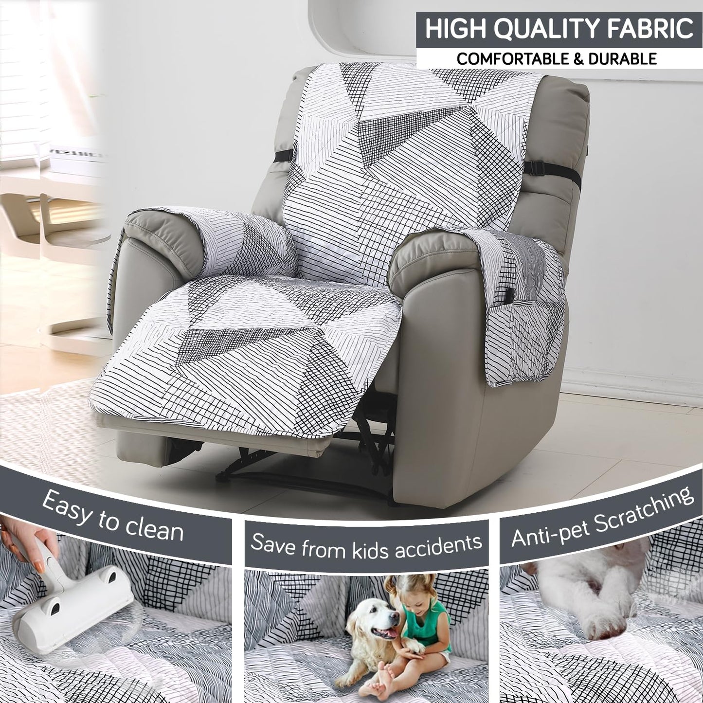 Quilted Recliner Water Repellent & Waterproof Cover for Small / Large - Snow White Black Geometry