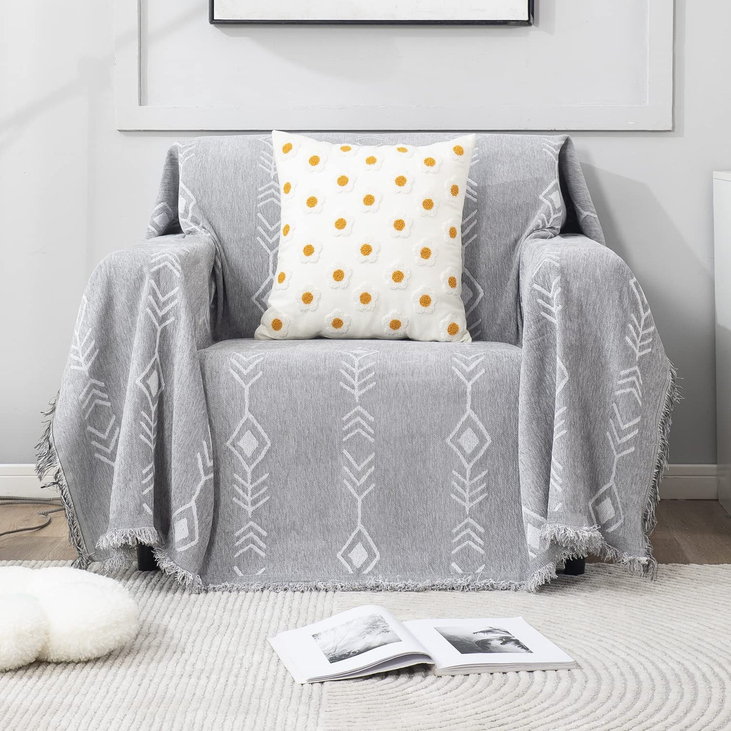 Thick, Soft and Pet Friendly Chenille Sofa Cover Throw, Grey Aztec