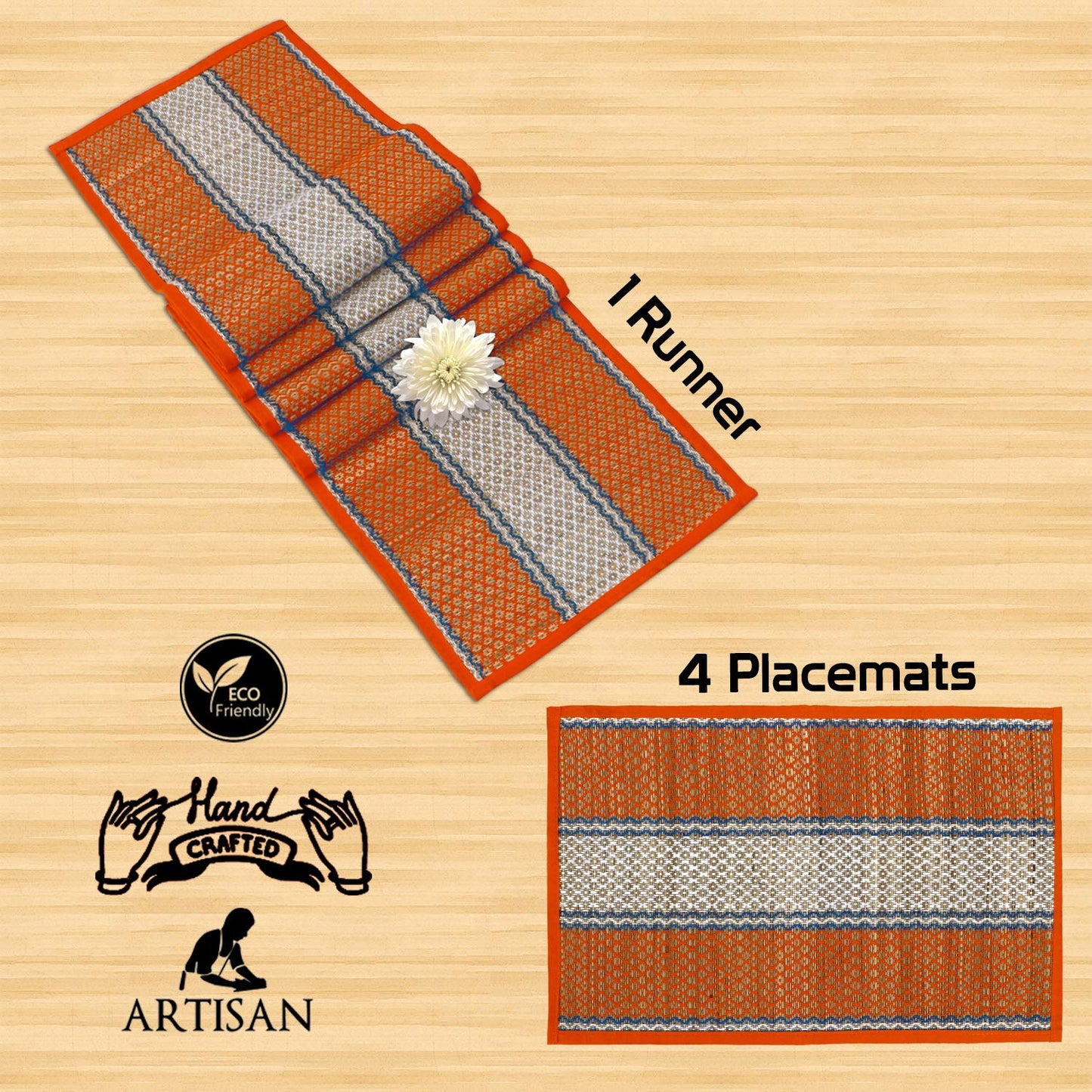 Handmade Madurkathi River Grass Dining Table Mats, Orange