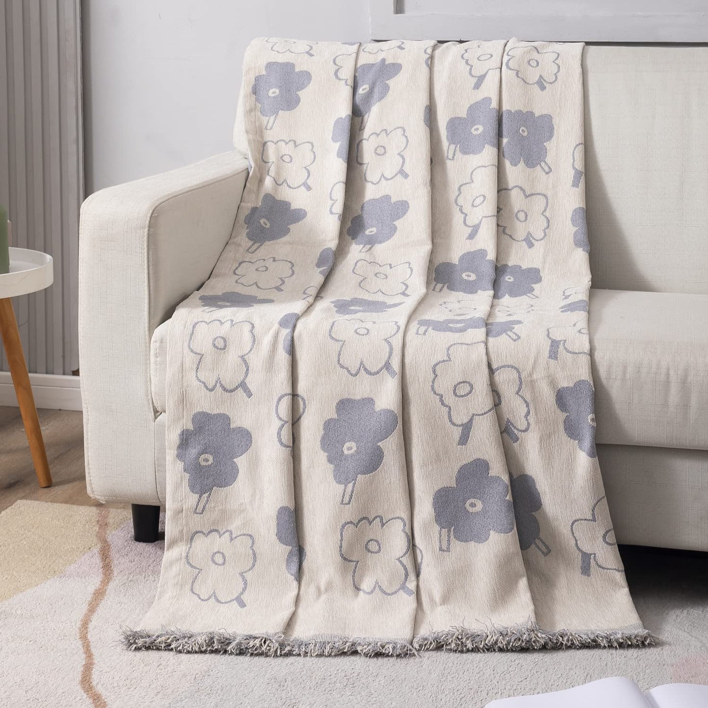 Thick, Soft and Pet Friendly Chenille Sofa Cover Throw, Off-White Floral
