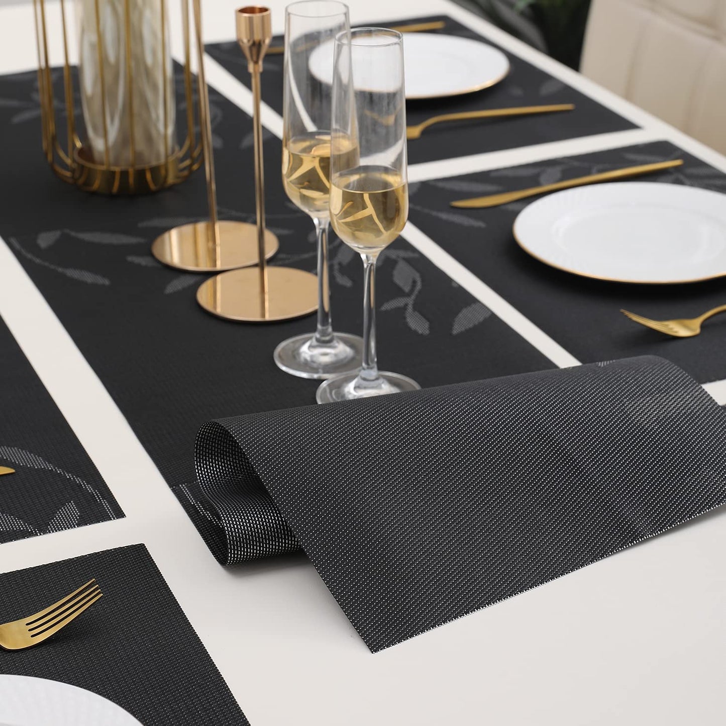 PVC Dining Table Mats, Black Leaves