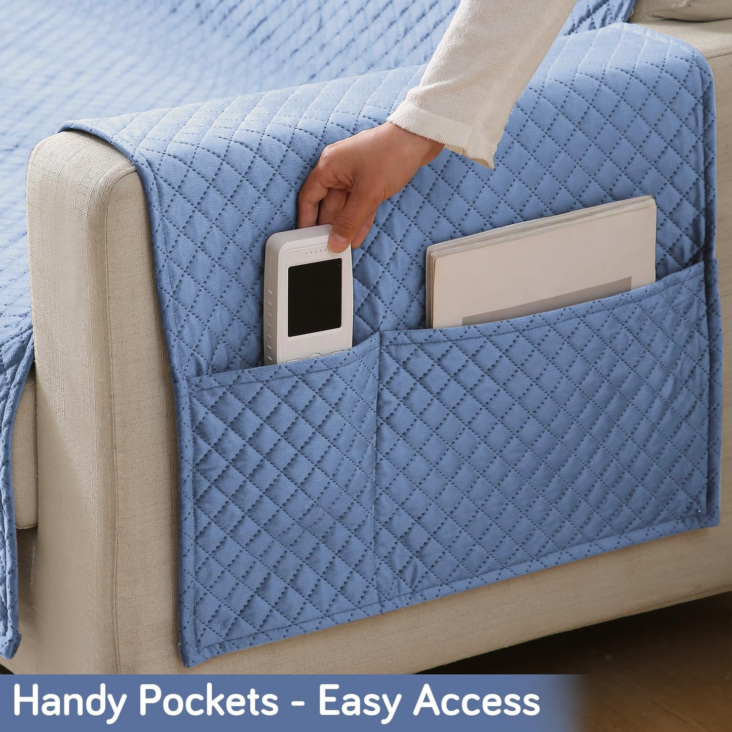 Quilted Velvet Sofa Cover Mat with Side Pockets, Pet Friendly, Placid Blue