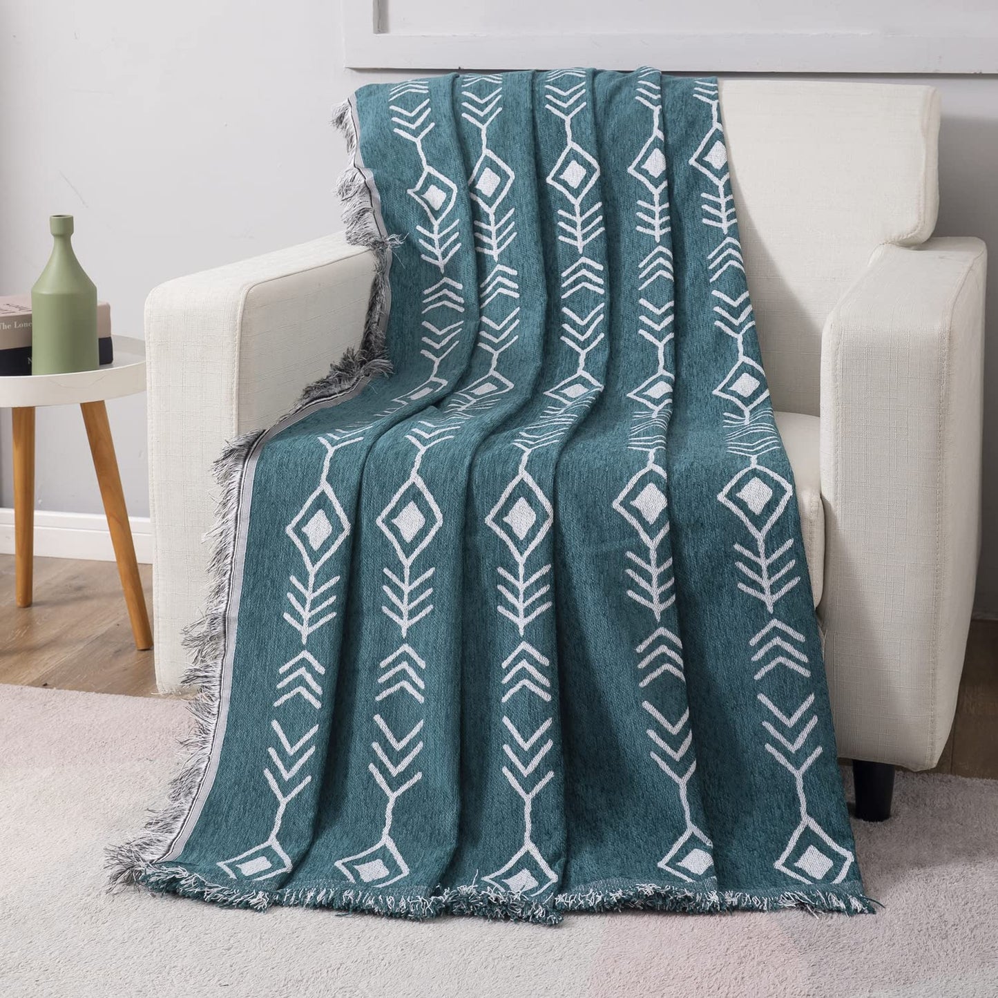 Thick, Soft and Pet Friendly Chenille Sofa Cover Throw, Teal Aztec