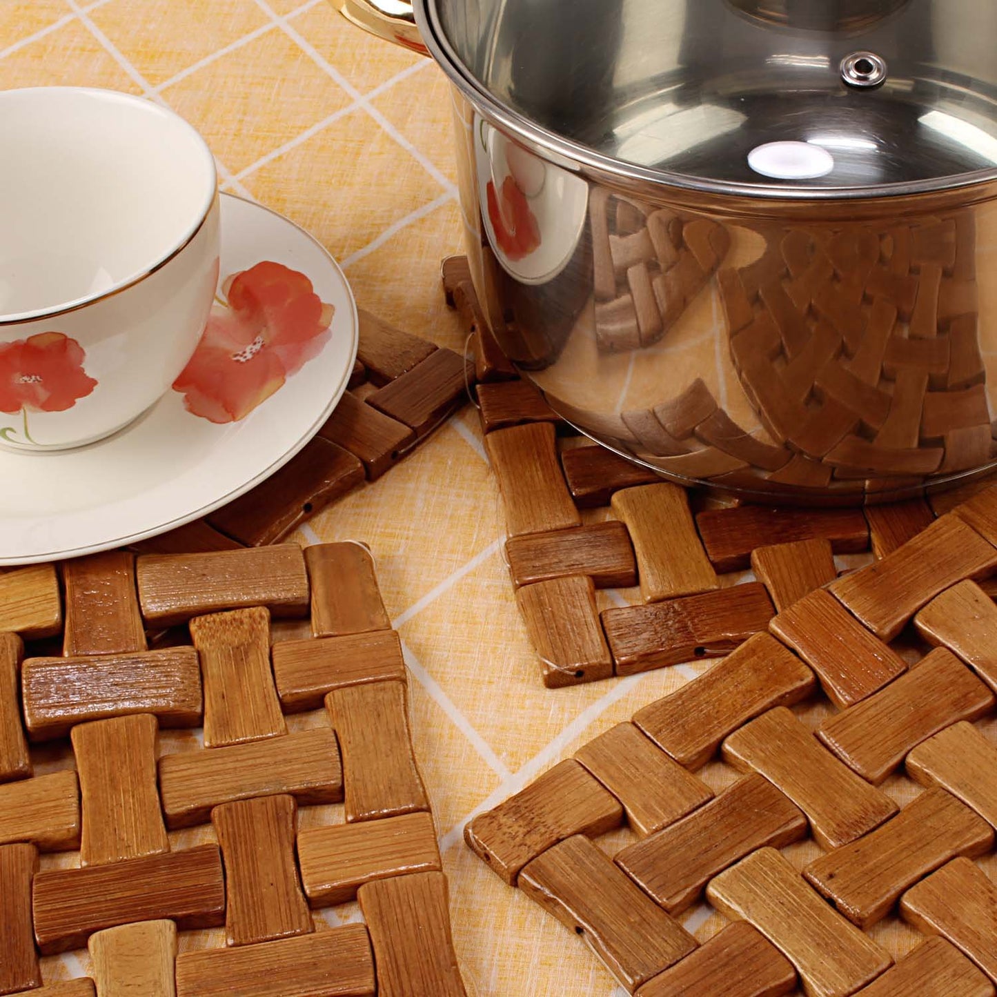 HOKIPO Square Bamboo Table Coaster, Pan Pot Holder, 16 x 16 cm, 4 Piece Set