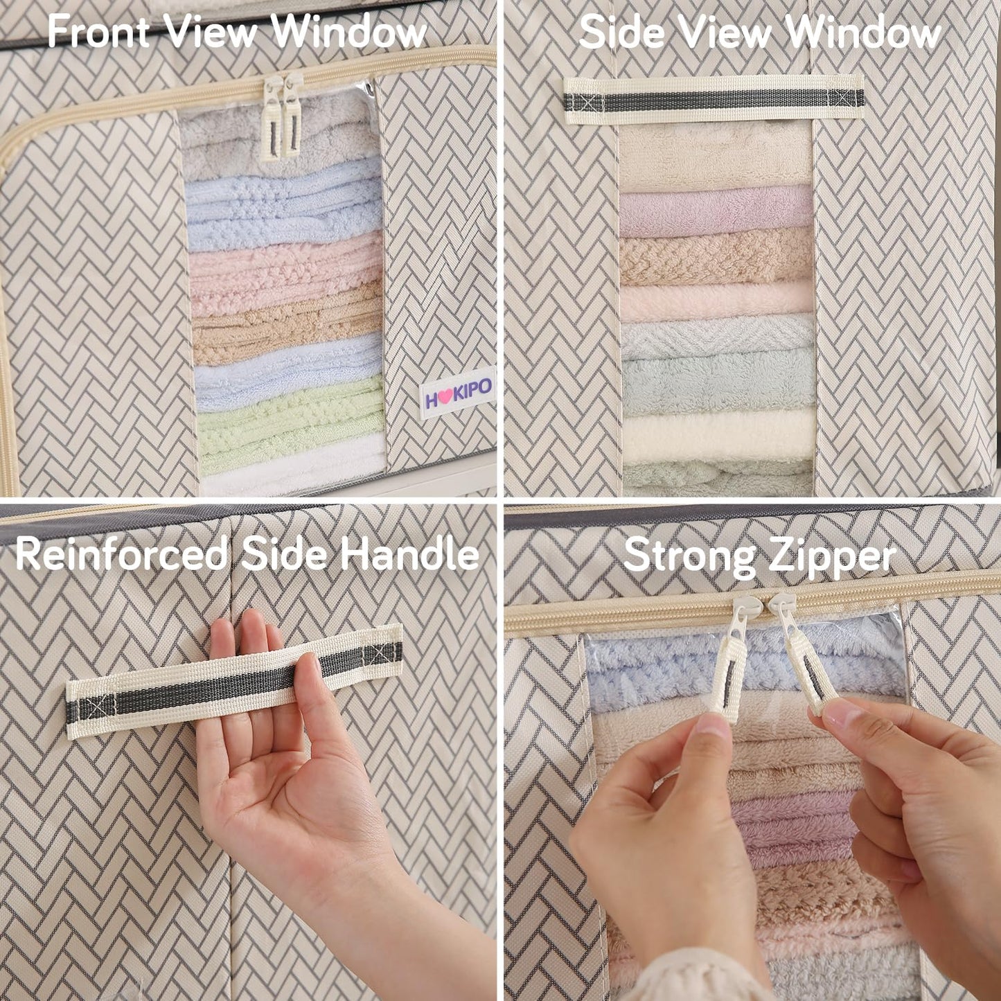 Wardrobe Organizer Storage Box | Foldable Cloth Storage Boxes with Metal Frame & Window | 600D Oxford Fabric, Cream Mist